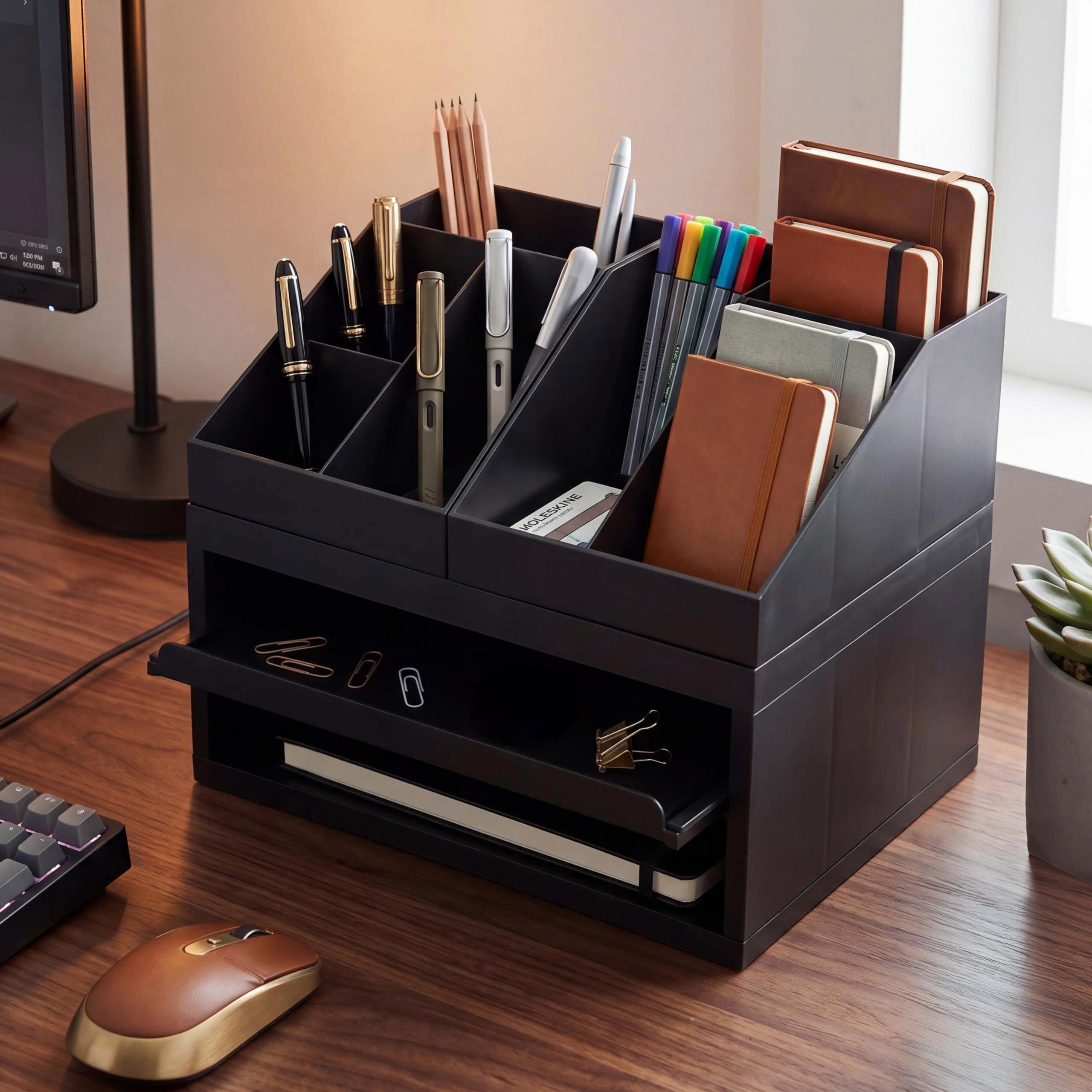 Schreibtisch Organizer MCW-Q74, Ordnungssystem 3-teilig Schubfach Tischablage Stifthalter Ablage, 29x35x26cm ~ schwarz 