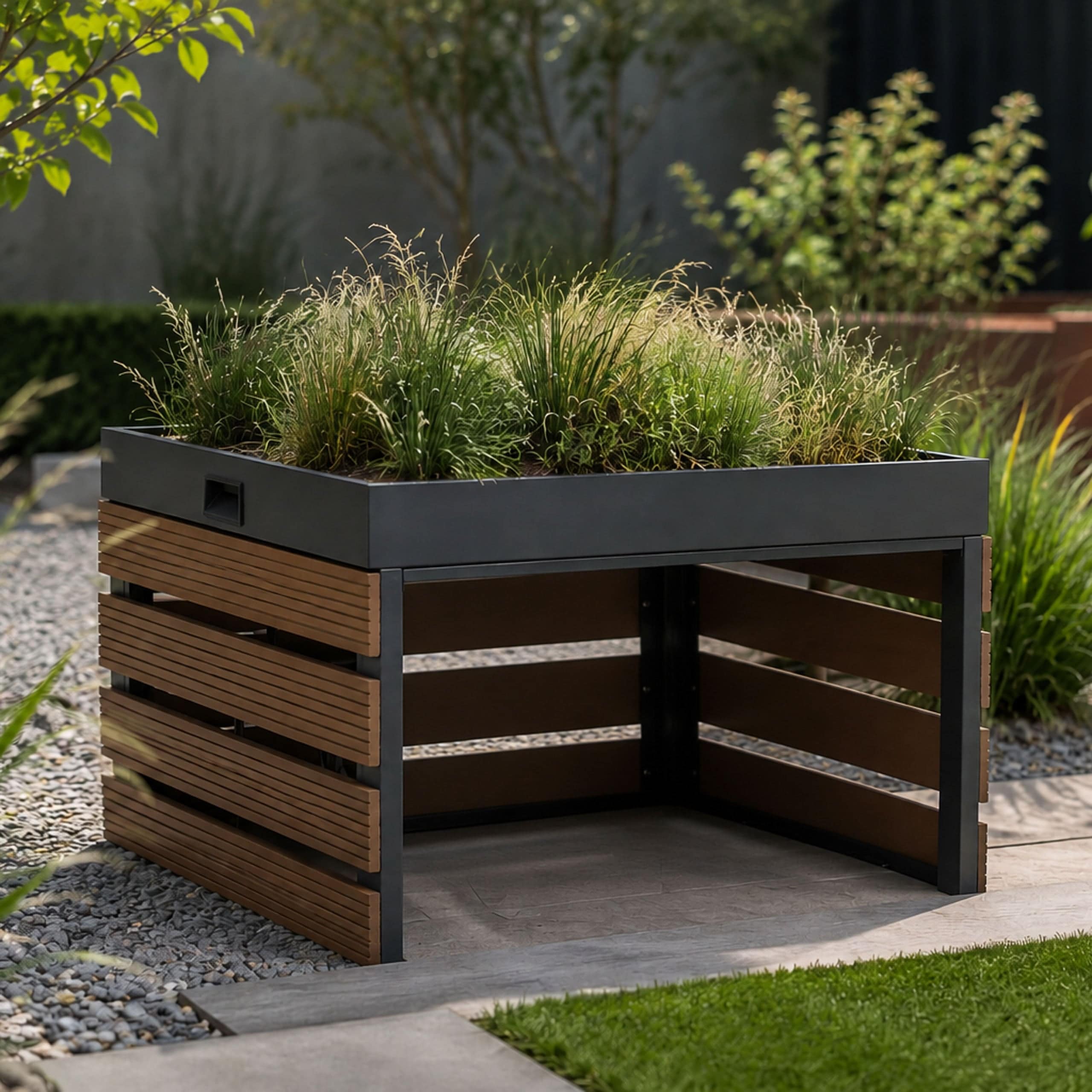 M&auml;hroboter-Garage mit Pflanzkasten MCW-Q70, Dach Unterstand f&uuml;r Rasenm&auml;her, WPC Metall 40x62x69cm ~ teak 