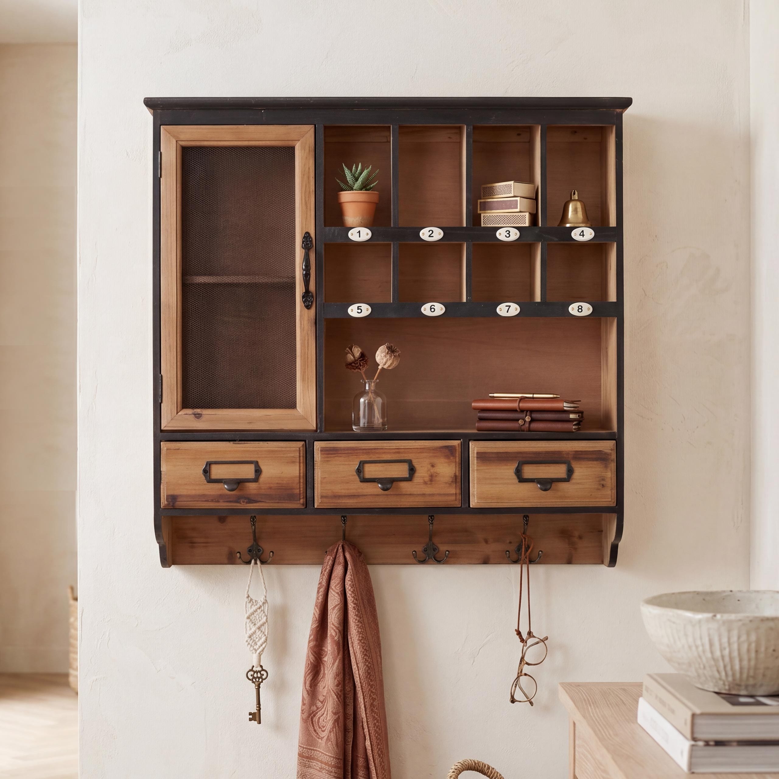 Wandregal MCW-Q26, H&auml;ngeregal Regal Schweberegal Garderobe, Schublade Staufach Haken, Vintage Shabby Holz 70x72x17cm 