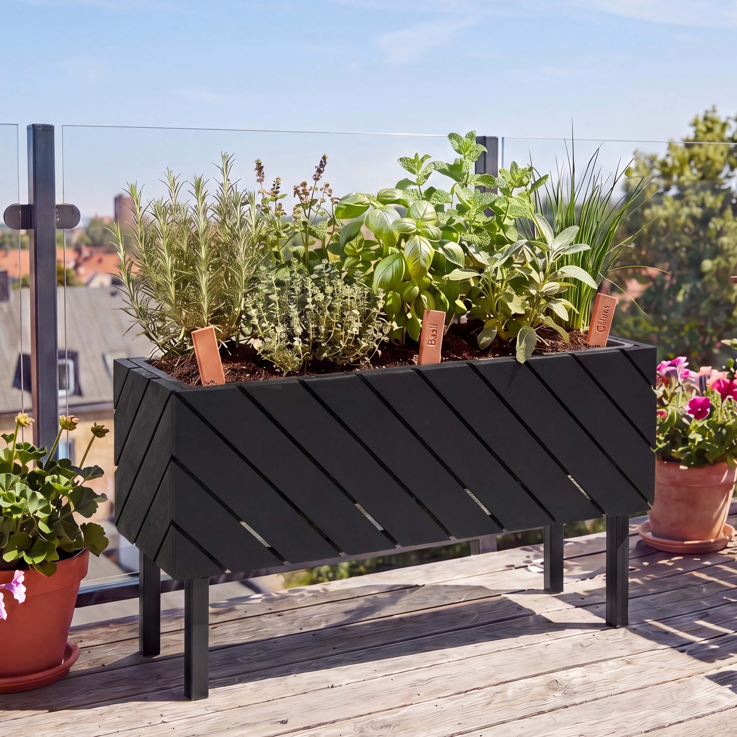 Pflanzkasten MVG-P87, Blumen-/Pflanzk&uuml;bel Blumenkasten, In-/Outdoor Akazie Holz MVG-zertifiziert 36x62x22cm ~ schwarz 