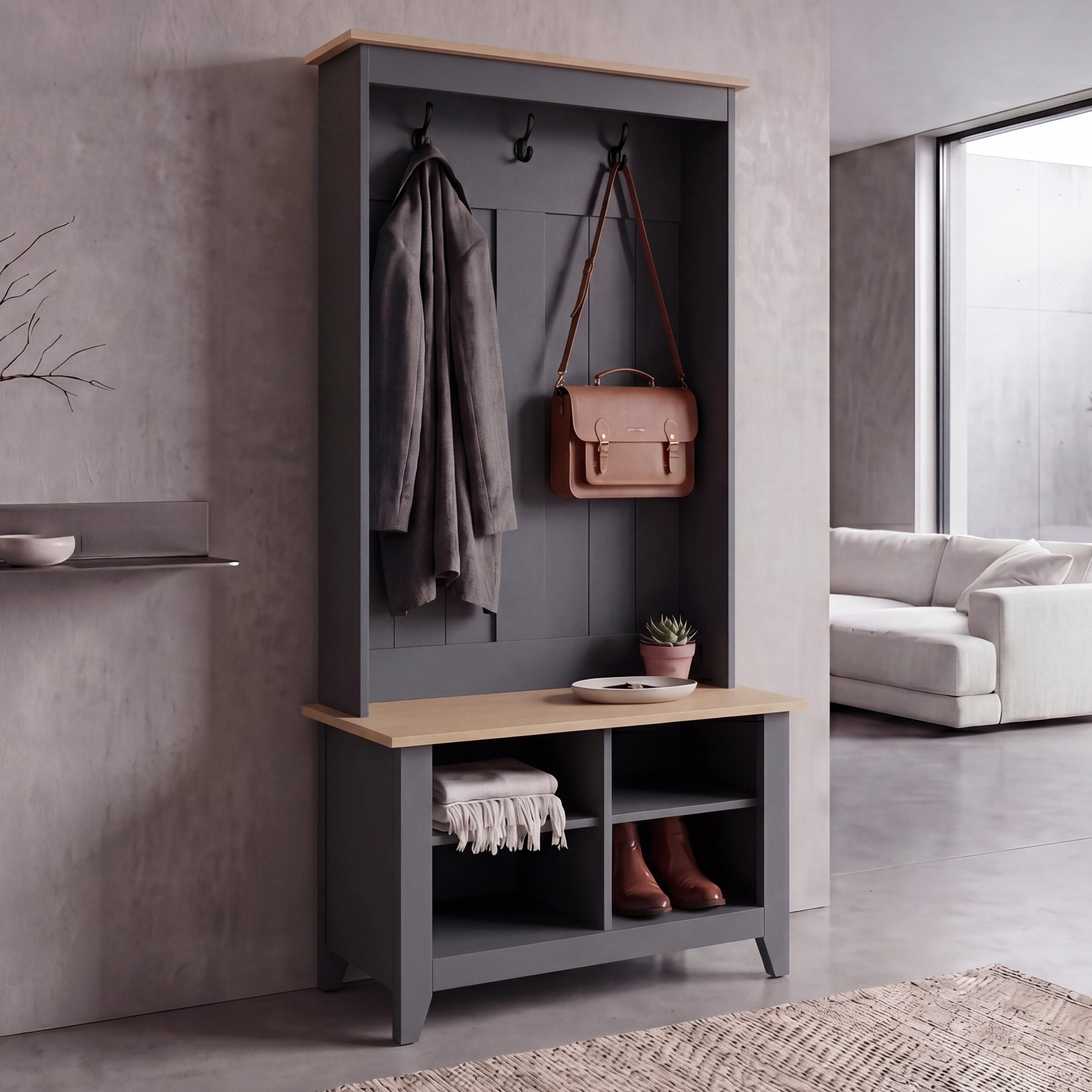 Garderobe MCW-P28, Standgarderobe Schuhregal Sitzbank, 3 Haken 4 Stauf&auml;cher Melamin 170x76x39cm ~ dunkelgrau, natur 
