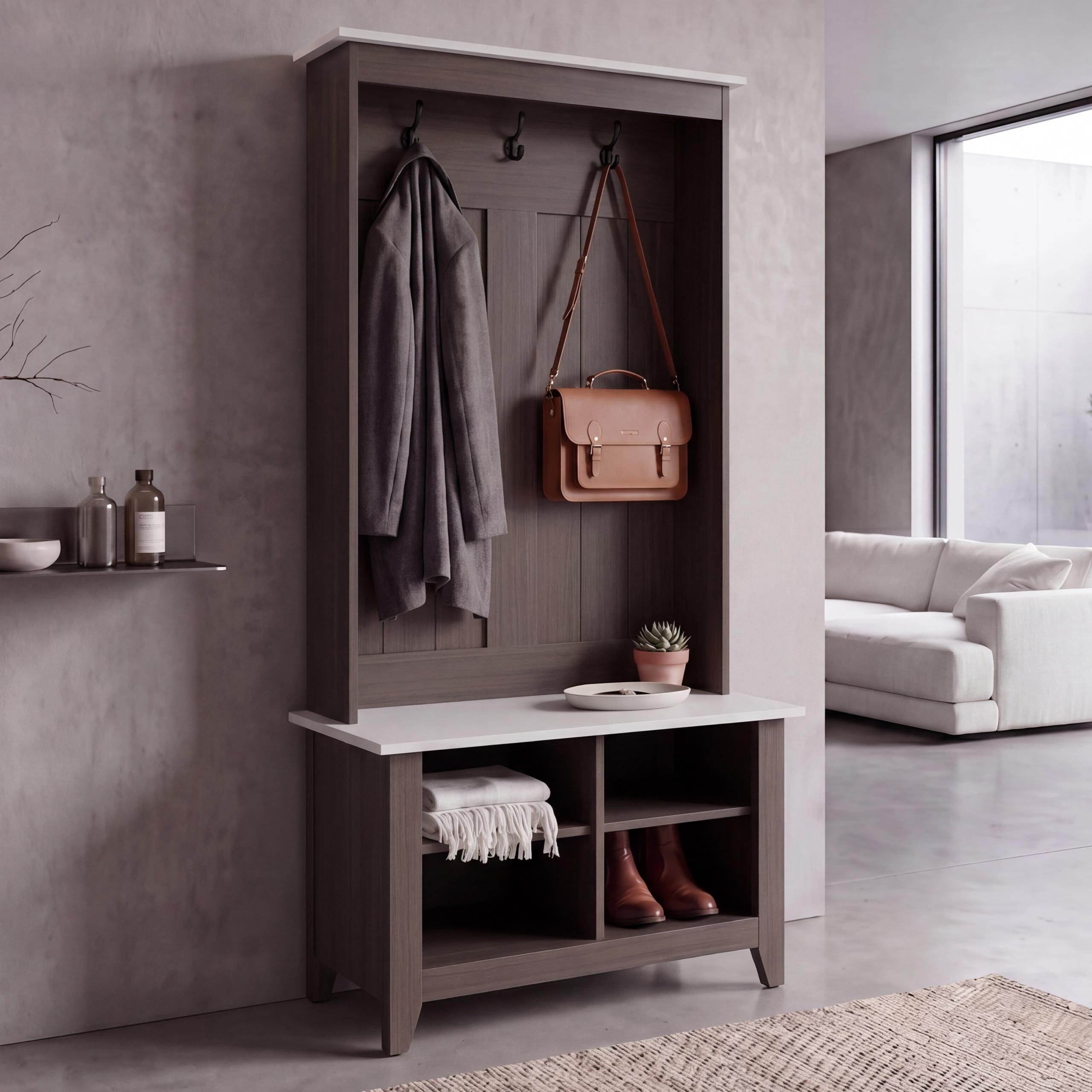 Garderobe MCW-P28, Standgarderobe Schuhregal Sitzbank, 3 Haken 4 Stauf&auml;cher Melamin 170x76x39cm ~ Walnuss-Optik, beige 