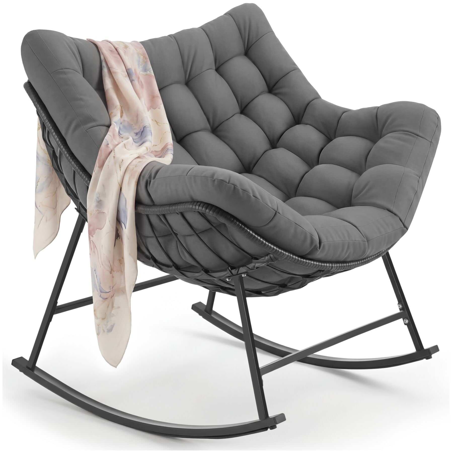 tectake&reg; Schaukelstuhl, dickes Polster mit Steppmuster, Stahlgestell mit Rattangeflecht, 93 x 99,5 x 89 cm 