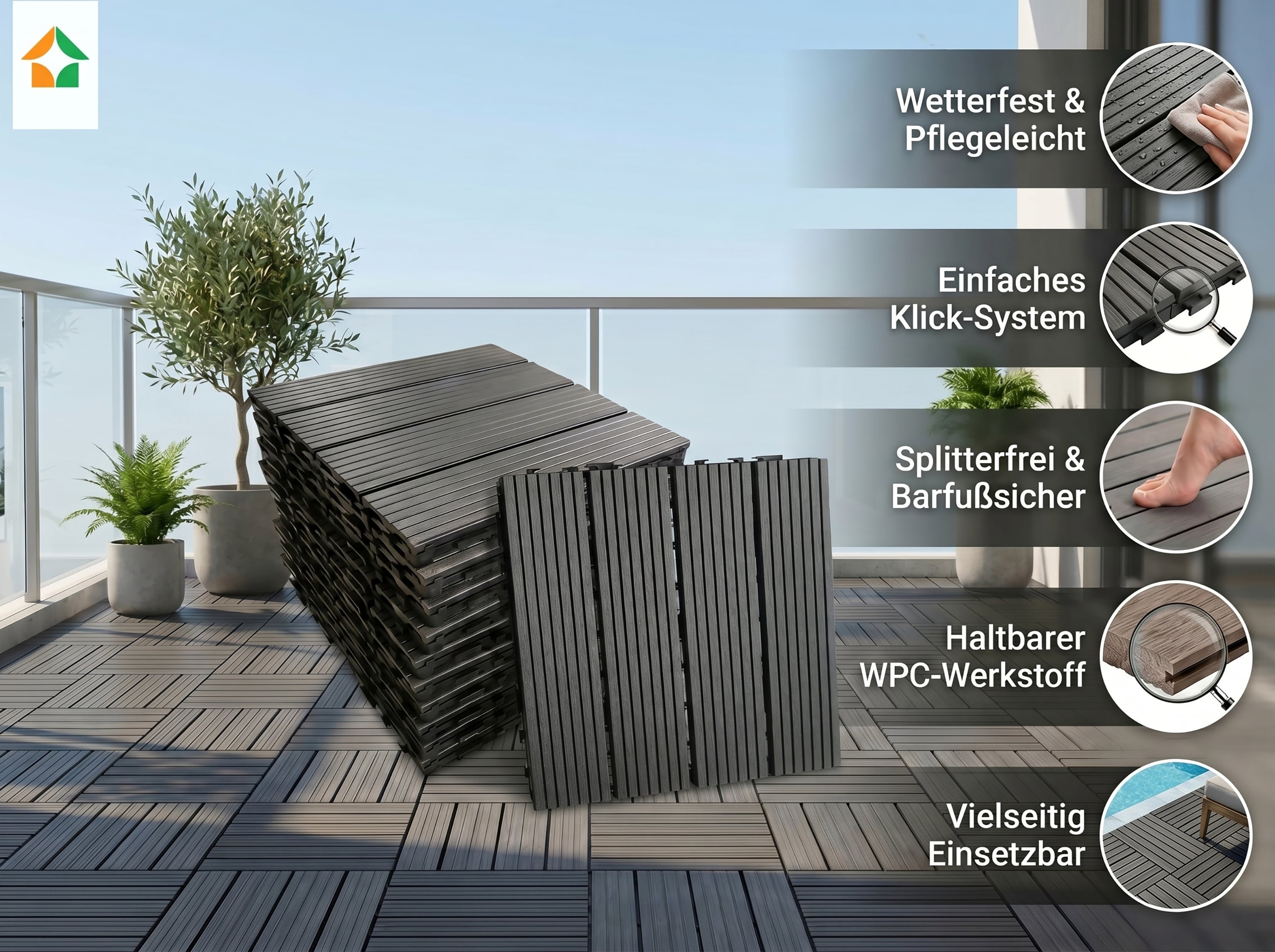 WPC Terrassenfliesen MAURICE 30x30 cm, 11pcs/ctn - Anthrazit 