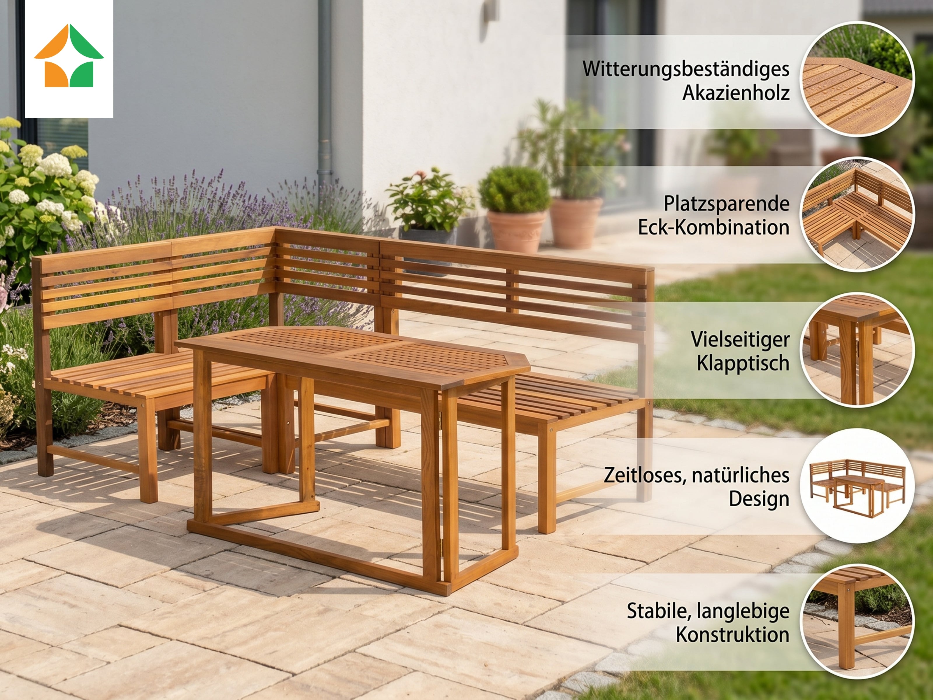 Balkontisch-Set mit Eckbank - Eukalyptusholz - Flexibel & wetterfest 