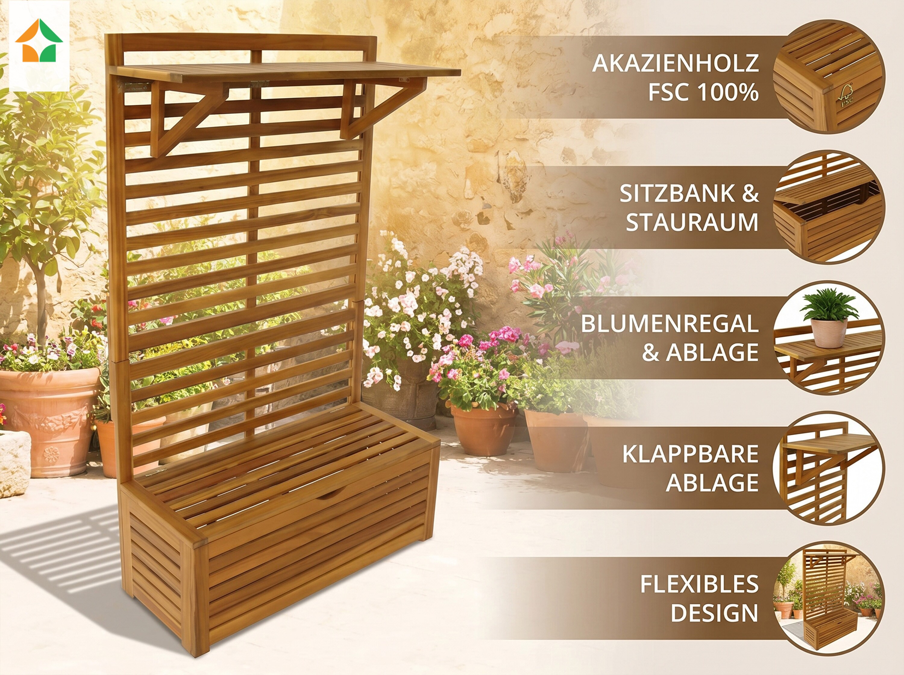 Blumenregal mit Aufbewahrung & Sitzbank aus Akazienholz, 70 x 32 x 117 cm 