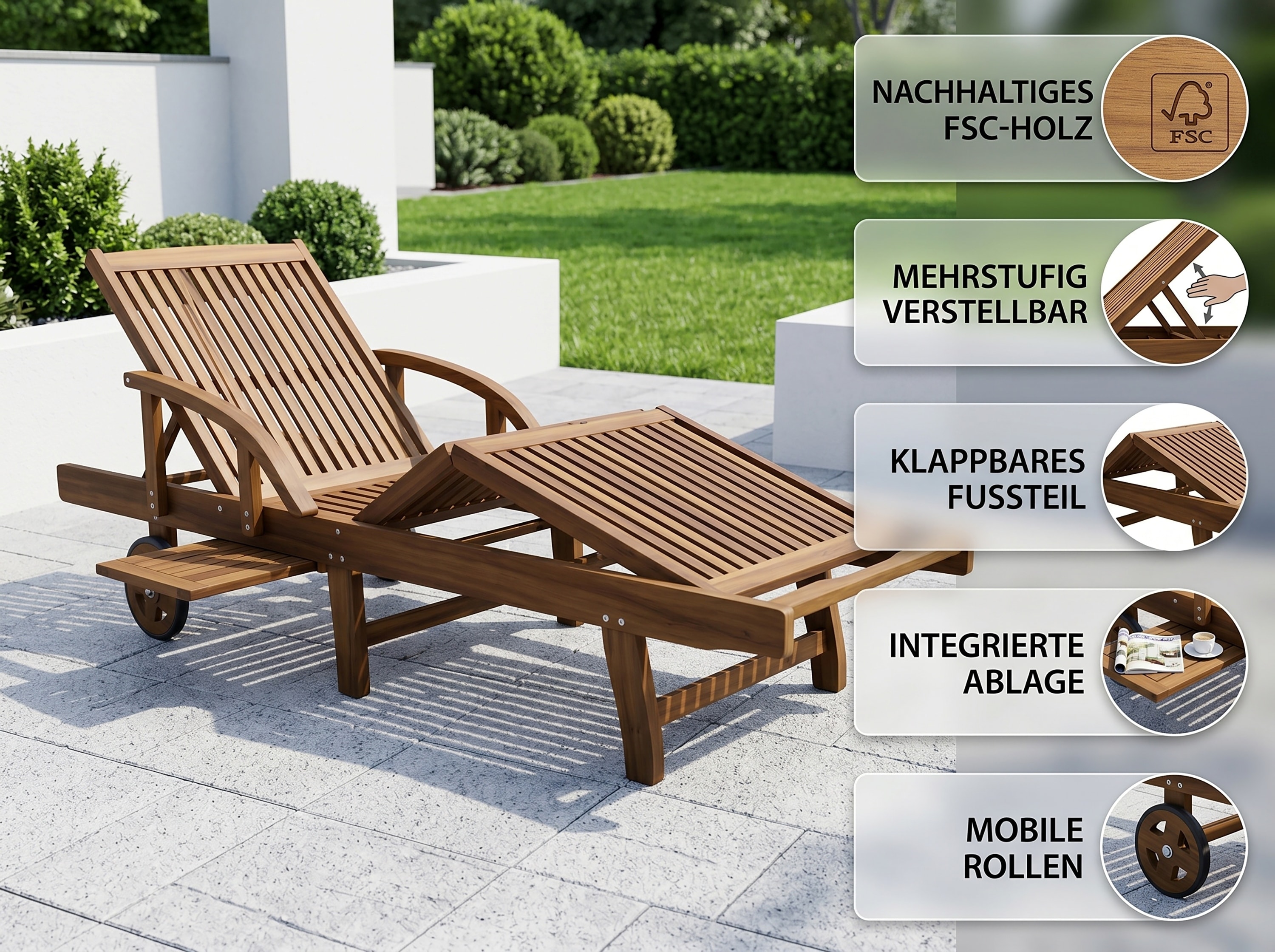 Sonnenliege aus FSC-Eukalyptusholz - 200 &times; 68 &times; 83 cm - ge&ouml;lt 