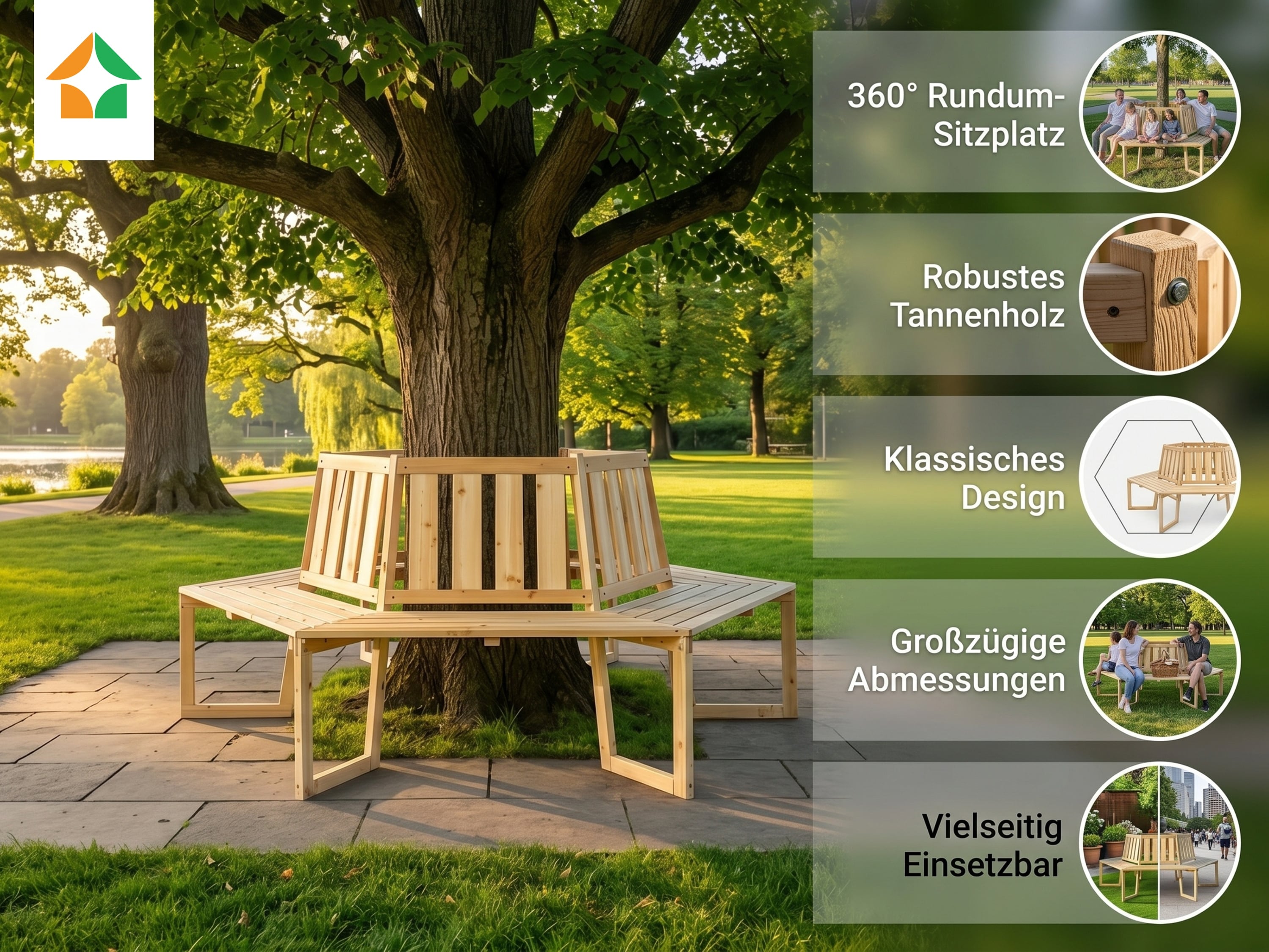 Baumbank 6-Eckig & 360&deg;, ca. 205 x 178 x 90 cm aus Tannenholz 