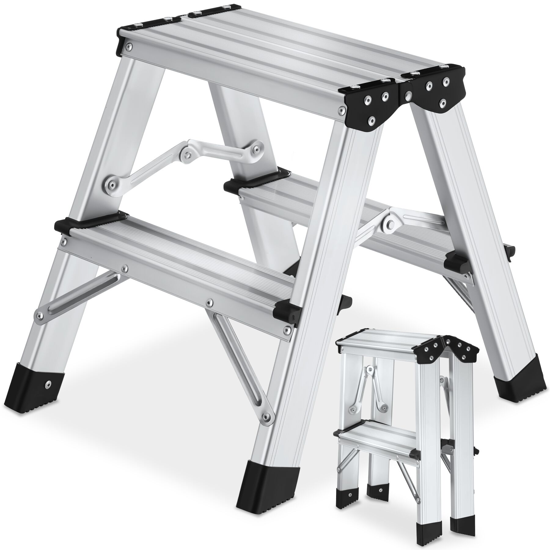 tectake&reg; Doppelseitige Trittleiter, 2 Stufen, Aluminium, geriffelte Trittfl&auml;che, Belastbarkeit 150 kg 