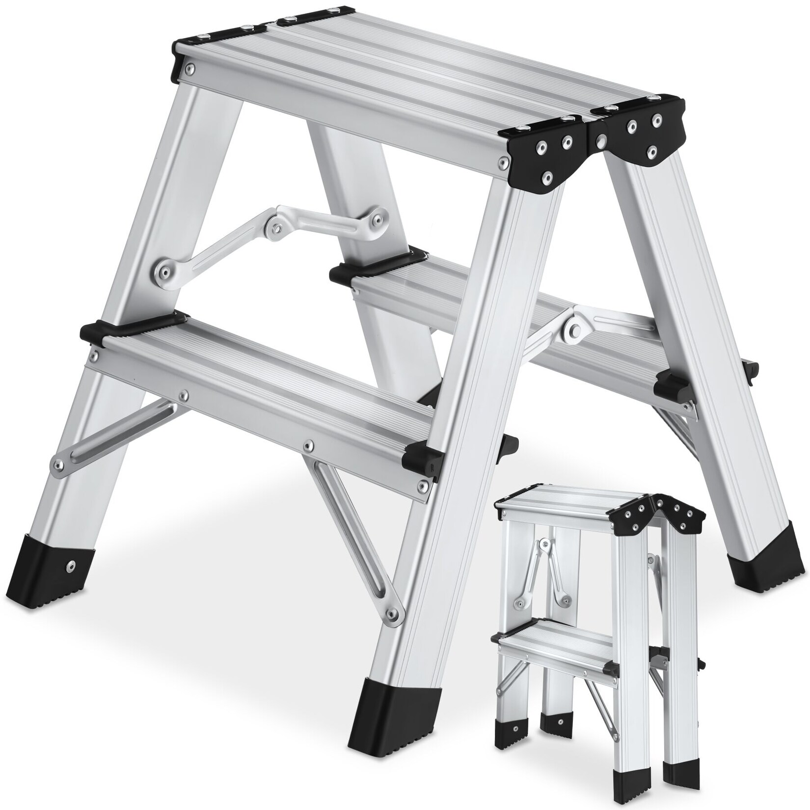 tectake® Doppelseitige Trittleiter, 2 Stufen, Aluminium, geriffelte Trittfläche, Belastbarkeit