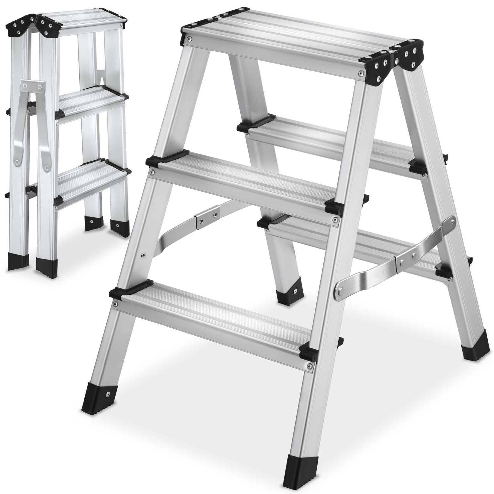 tectake® Doppelseitige Trittleiter, 3 Stufen, Aluminium, geriffelte Trittfläche, Belastbarkeit