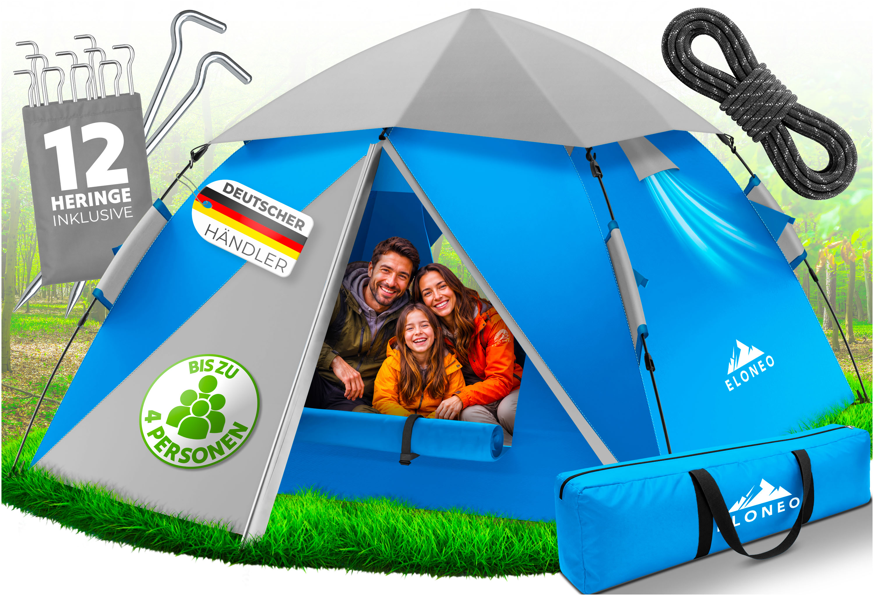 ELONEO Wurfzelt, 2-4 Personen Pop Up Zelt wasserdichtes Campingzelt schnellaufbau Zelt, Blau/Grau 