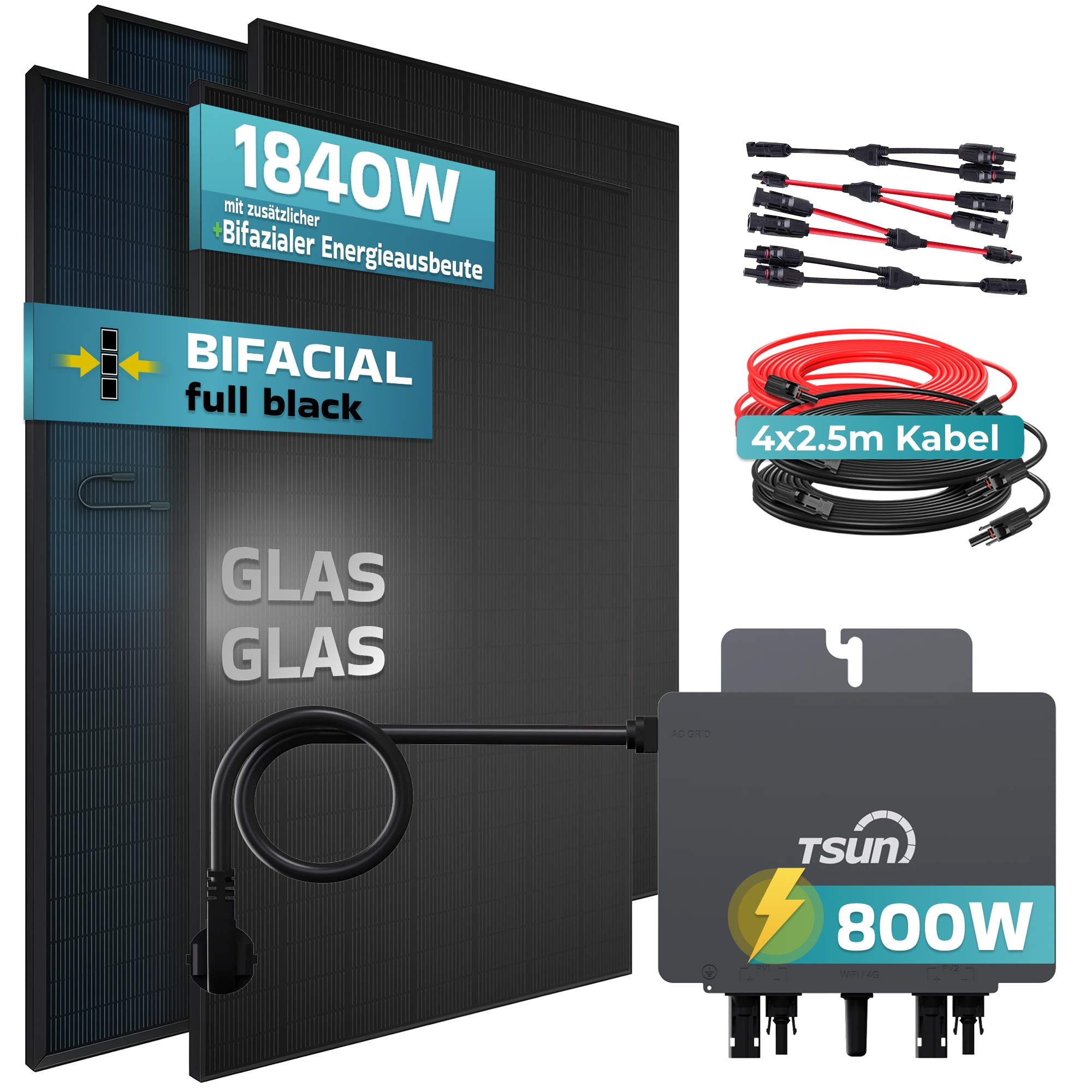 SUNNIVA&reg; 1840W Balkonkraftwerk BIFAZIAL FULLBLACK komplett Steckdose TSUN 800 Watt Wechselrichter, Solaranlage Komplettset, 4x 460W N-Type Glas-Glas Bifacial Solarmodule, 5m Kabel & 4x 2.5m Solarkabel 