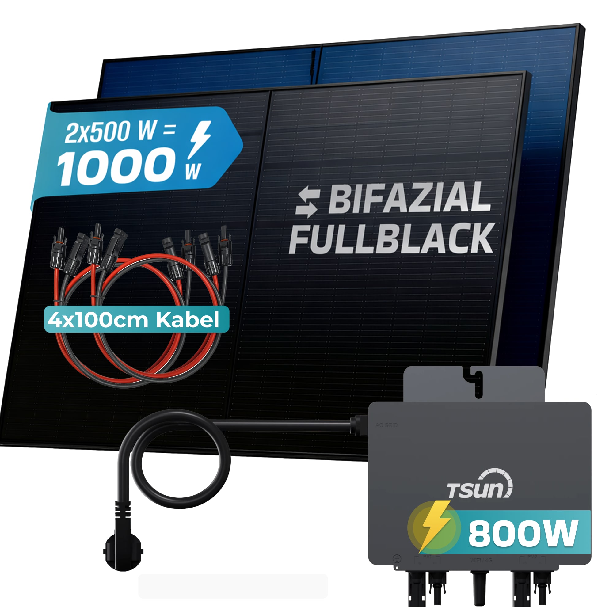 SUNNIVA&reg; 1000W Balkonkraftwerk BIFAZIAL FULLBLACK komplett Steckdose TSUNE 800 Watt Wechselrichter, PV Solaranlage Komplettset, 2x 500W N-Type Glas Bifacial Solarmodule, 5m Kabel & 4x 1m Solarkabel 