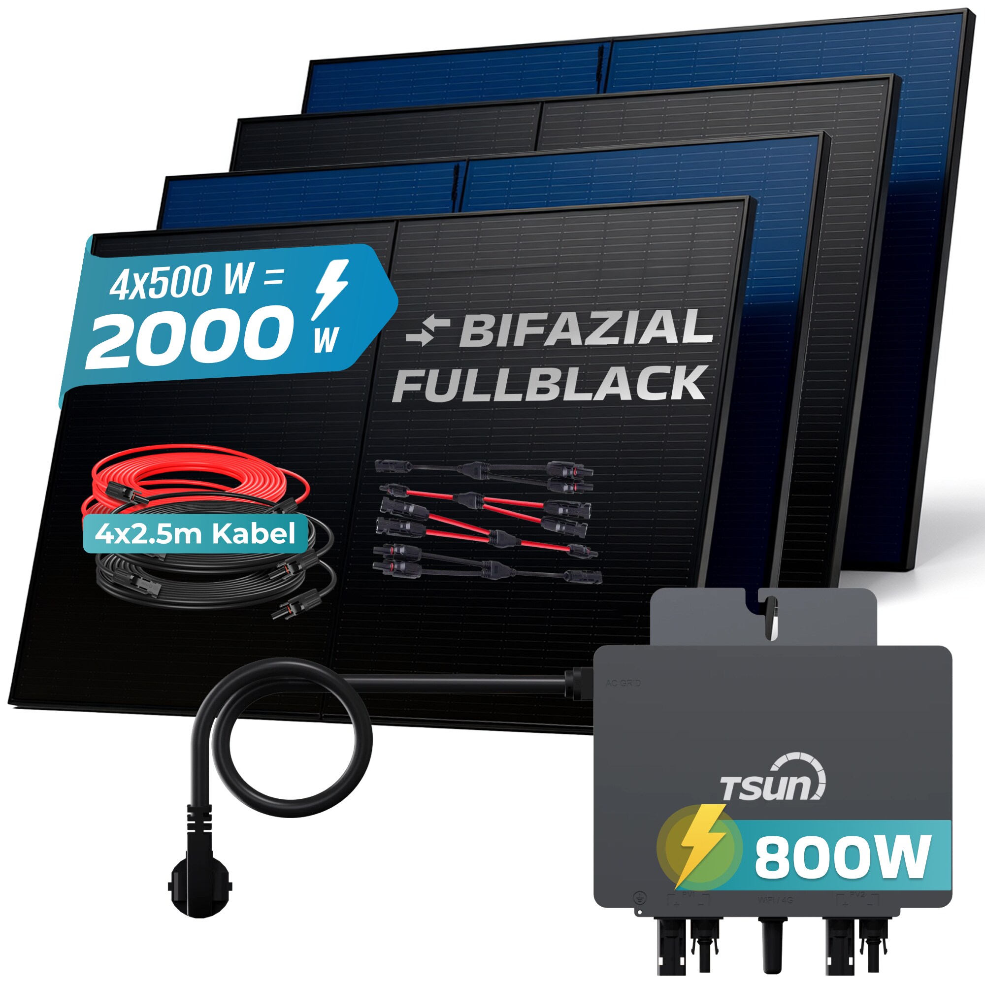 SUNNIVA&reg; 2000W Balkonkraftwerk BIFAZIAL FULLBLACK komplett Steckdose TSUN 800 Watt Wechselrichter, PV Solaranlage Komplettset, 4x 500W N-Type Glas Bifacial Solarmodule, 5m Kabel & 4x 2.5m Solarkabel 