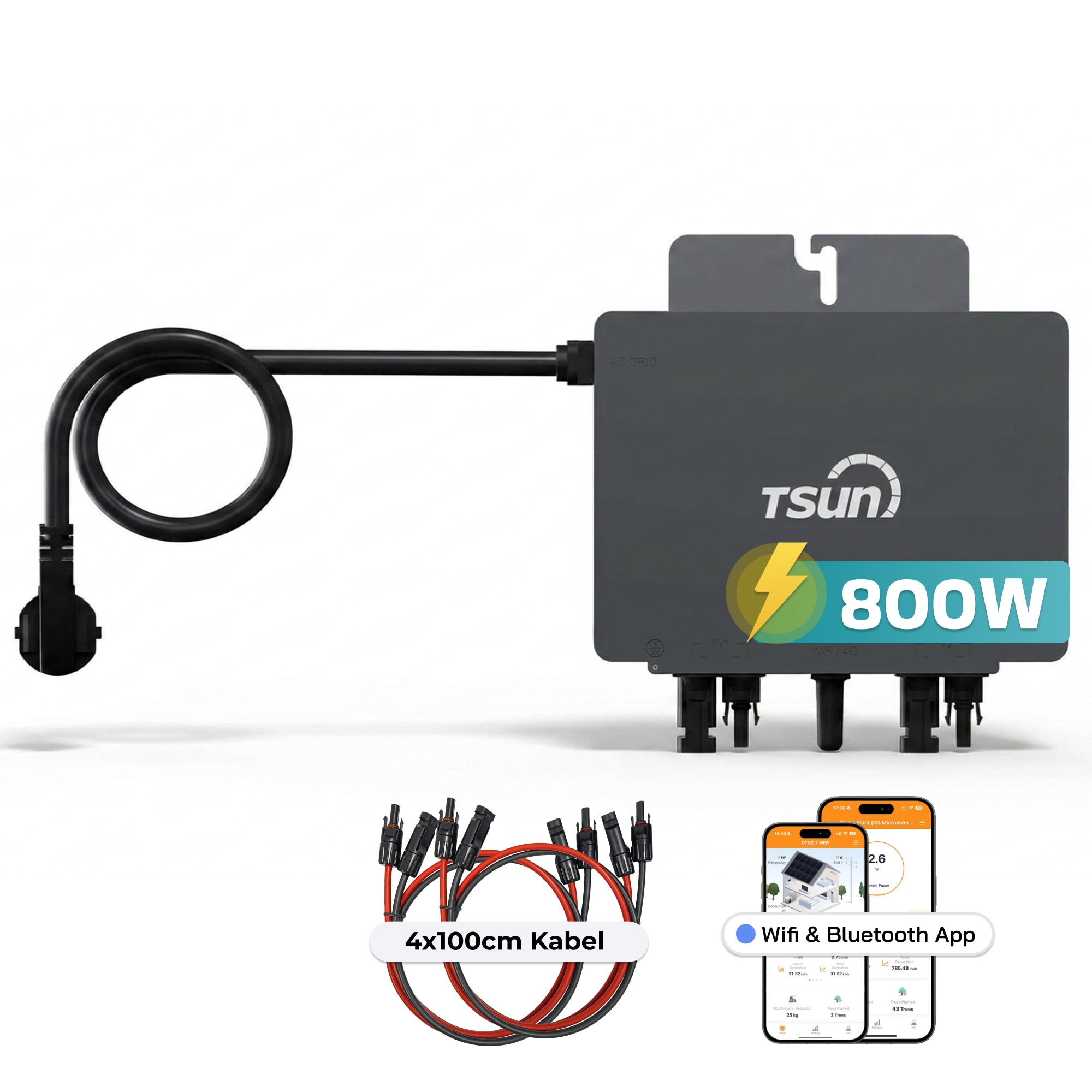 TSUN TSOL-MX800Lite 800 W Mikro-Wechselrichter, 2 MPPT, WiFi & Bluetooth, IP67, Micro Inverter f&uuml;r 2 Solarmodule inklusive 5m Anschlusskabel und 4x1m Solarkabel 