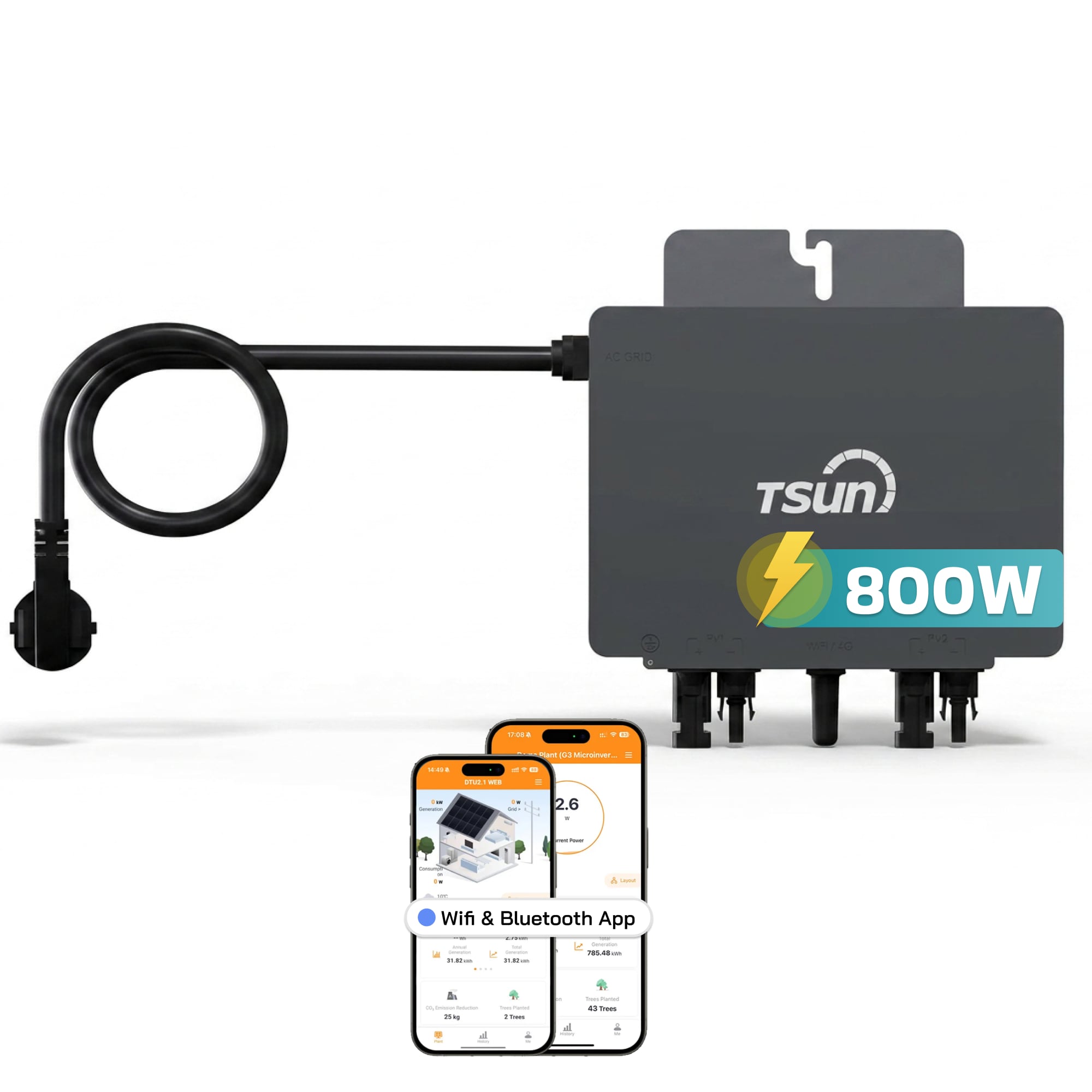 TSUN TSOL-MX800Lite 800 W Mikro-Wechselrichter, 2 MPPT, WiFi & Bluetooth, IP67, Micro Inverter f&uuml;r 2 Solarmodule inklusive 5m Anschlusskabel 