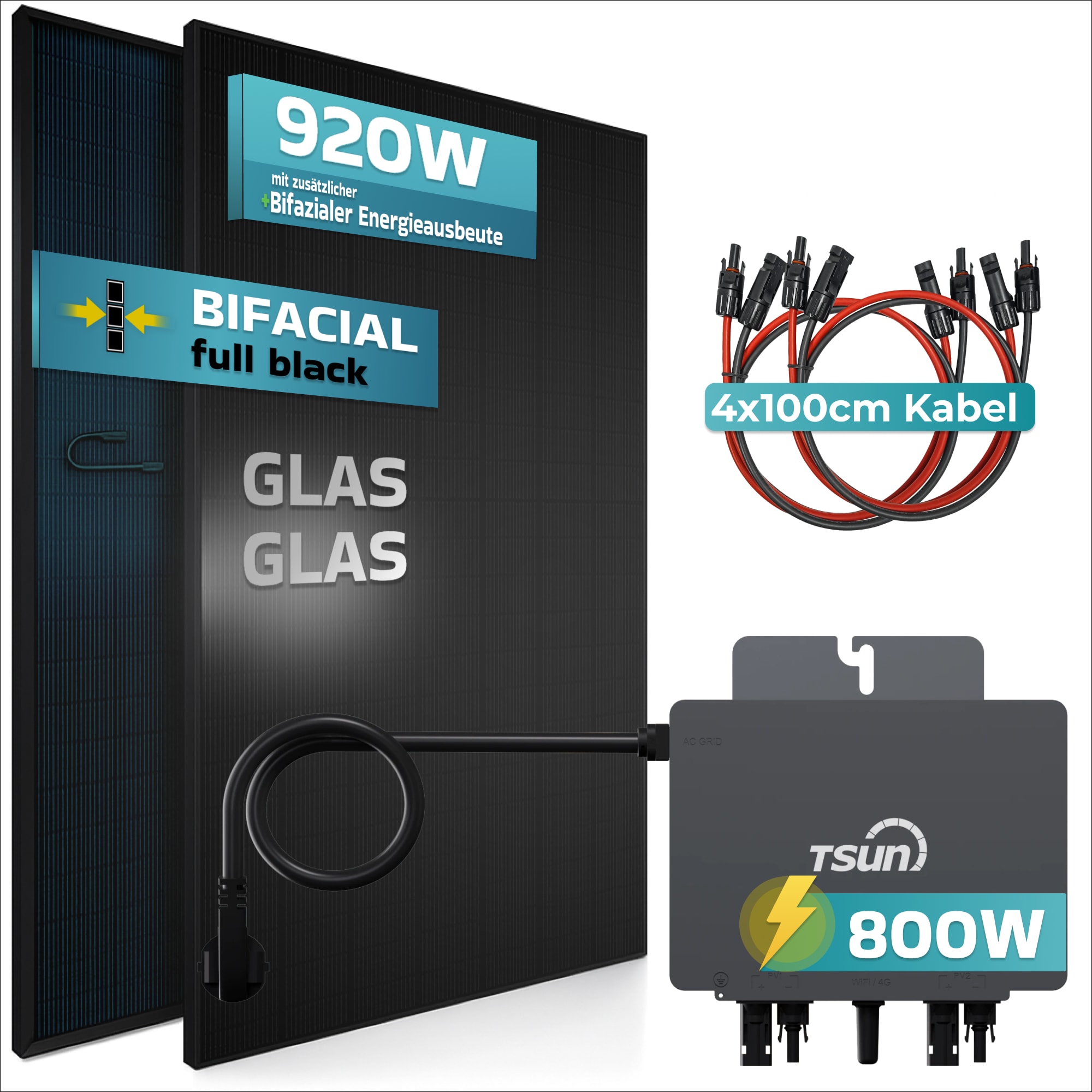 SUNNIVA&reg; 920W Balkonkraftwerk BIFAZIAL FULLBLACK komplett Steckdose TSUN 800 Watt Wechselrichter, PV Solaranlage Komplettset, 2x 460W N-Type Glas-Glas Bifacial Solarmodule, 5m Kabel & 4x 1m Solarkabel 
