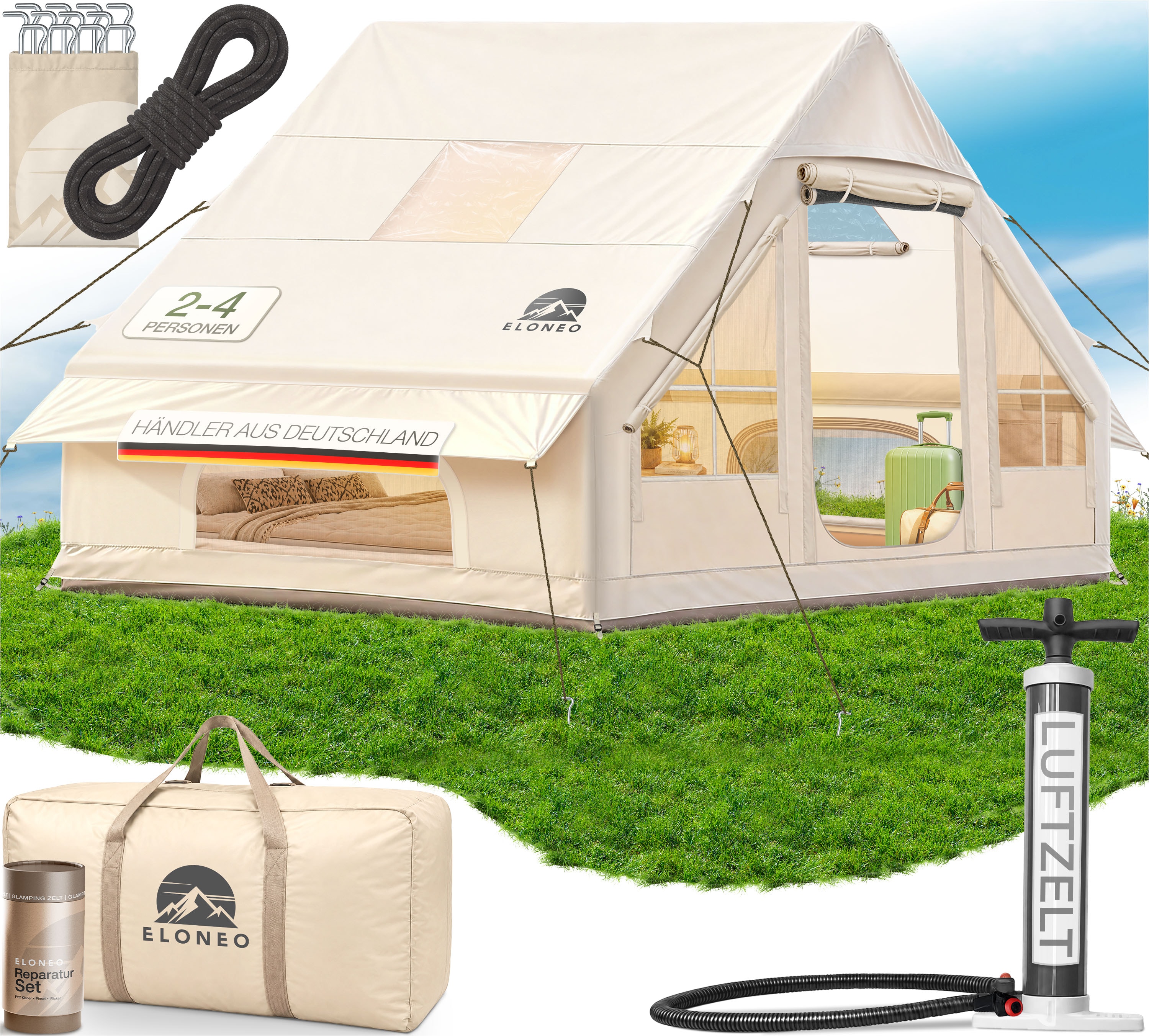 ELONEO aufblasbares Zelt f&uuml;r 2-4 Personen mit Dachfenster Luftpumpe Premium Glamping Zelt wasserdicht, Luftzelt, Inflatable Tent, Camping Zelt, beige 