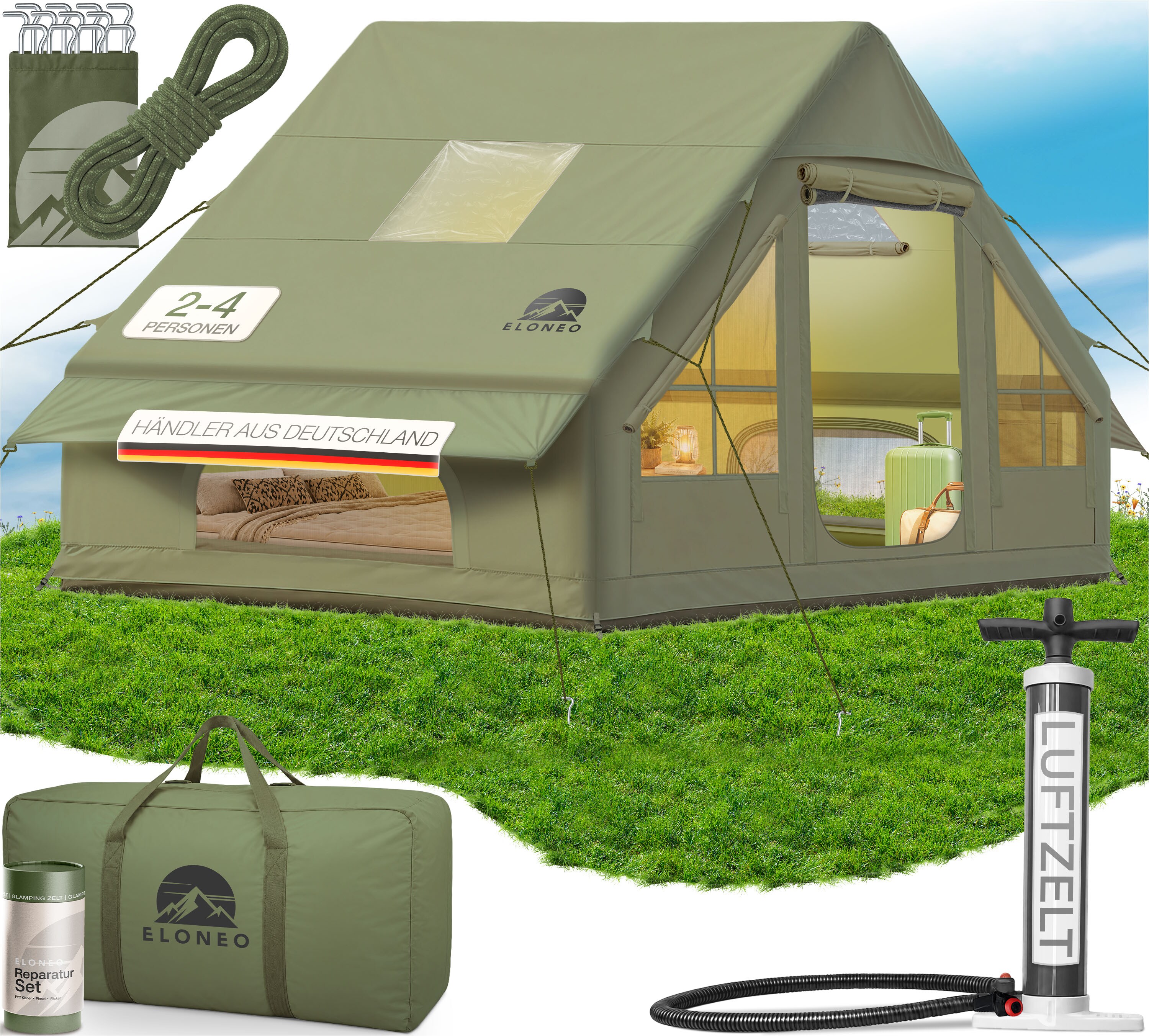 ELONEO aufblasbares Zelt f&uuml;r 2-4 Personen mit Dachfenster Luftpumpe Premium Glamping Zelt wasserdicht, Luftzelt, Inflatable Tent, Camping Zelt, gr&uuml;n 