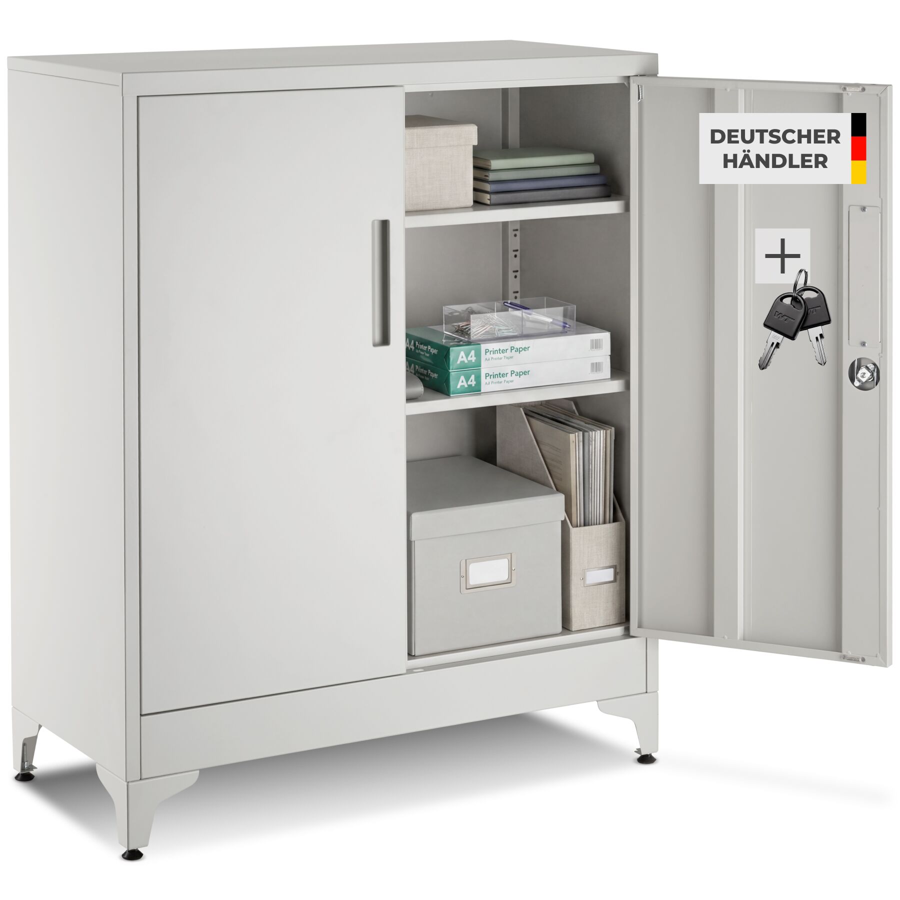 tectake&reg; Aktenschrank, 80 x 40 x 100 cm, 2 verstellbare Zwischenb&ouml;den, pulverbeschichteter Stahl, Kippschutz, h&ouml;henverstellbare F&uuml;&szlig;e 
