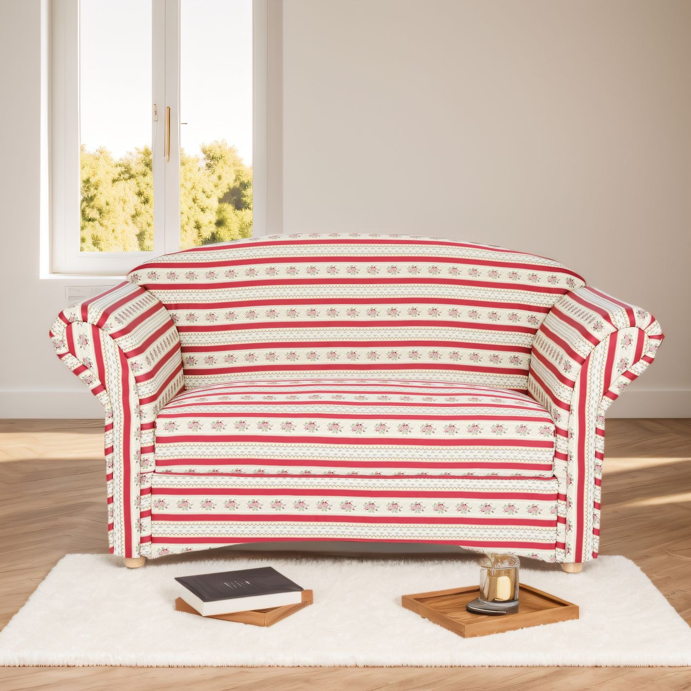 2-Sitzer Sofa Loretta, ca. 153 x 83 x 85 cm – Rot gestreift & Blumenmuster