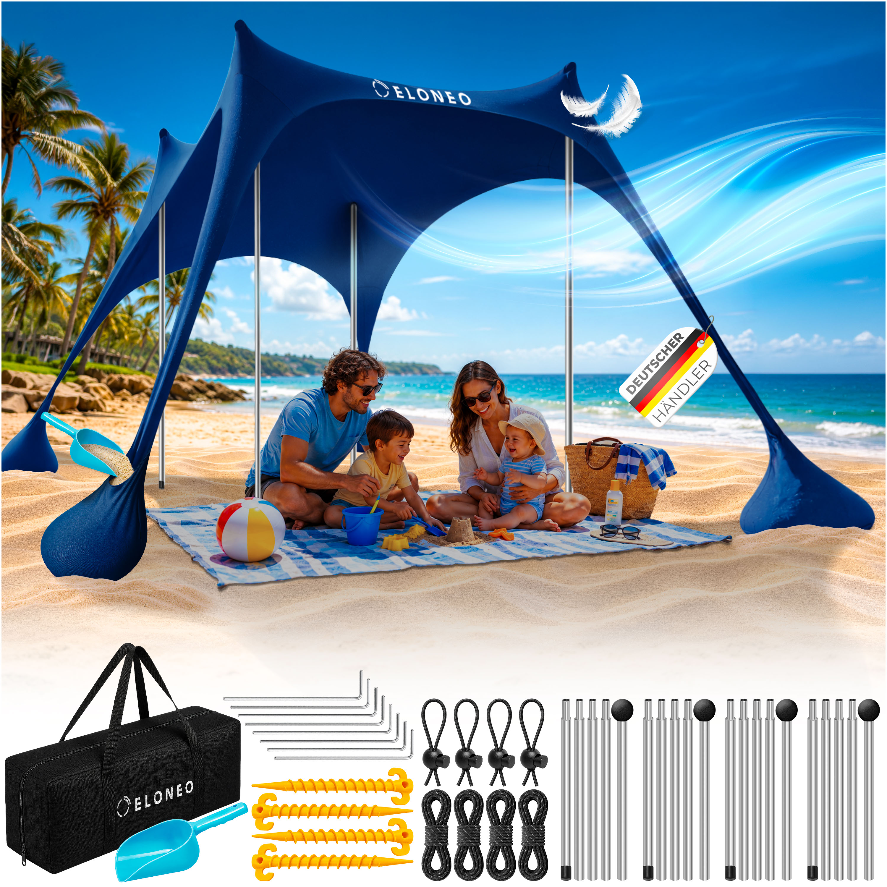 ELONEO Strandzelt, Sonnensegel Strand 300x300x200 cm, LSF 50+, Sonnenschutz f&uuml;r Strand mit Sandschaufel, Heringen und 4 Stabilit&auml;tsstangen, 8 Personen, Navy 