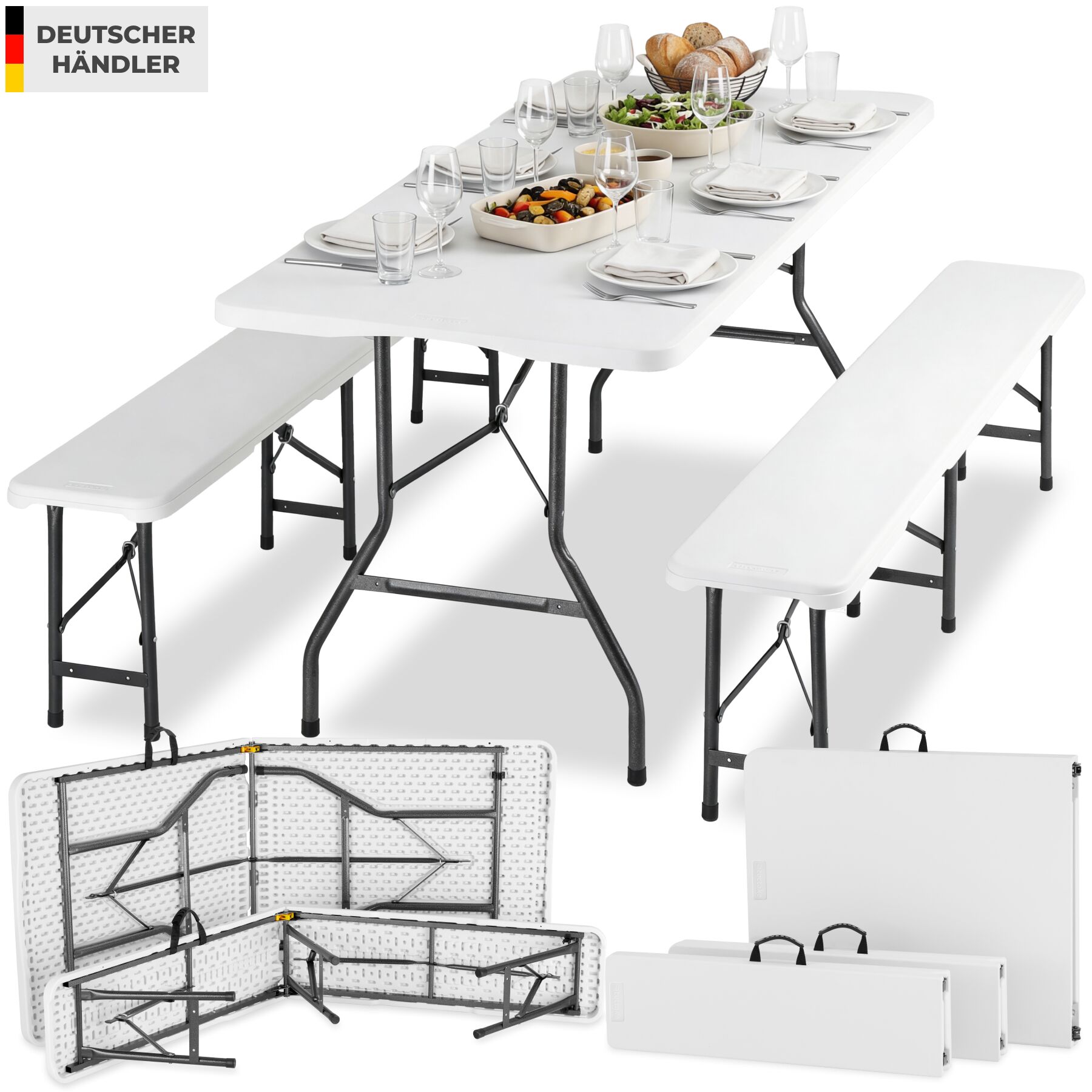 tectake&reg; Campingtischgarnitur, klappbar, wetterfest, bis zu 8 Personen, gummierte Tragegriffe 