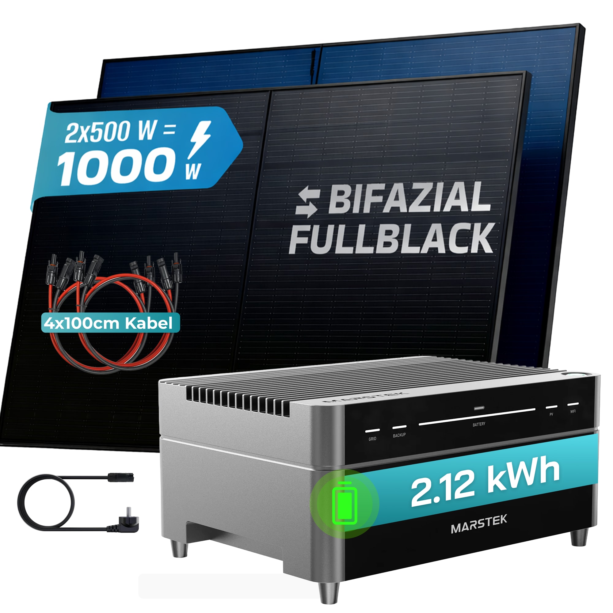 SUNNIVA&reg; 1000W Balkonkraftwerk mit 2,12 kWh Speicher MARSTEK Venus A, BIFAZIAL FULLBLACK komplett Steckdose, PV Solaranlage Komplettset mit Solarspeicher, 2x 500W N-Type Glas Bifacial Module 