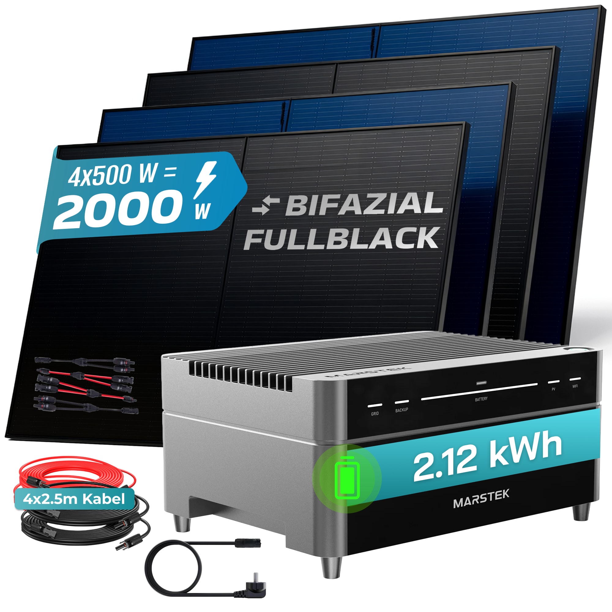 SUNNIVA&reg; 2000W Balkonkraftwerk mit 2,12 kWh Speicher MARSTEK Venus A, BIFAZIAL FULLBLACK komplett Steckdose, PV Solaranlage Komplettset mit Solarspeicher, 4x 500W N-Type Glas Bifacial Module 