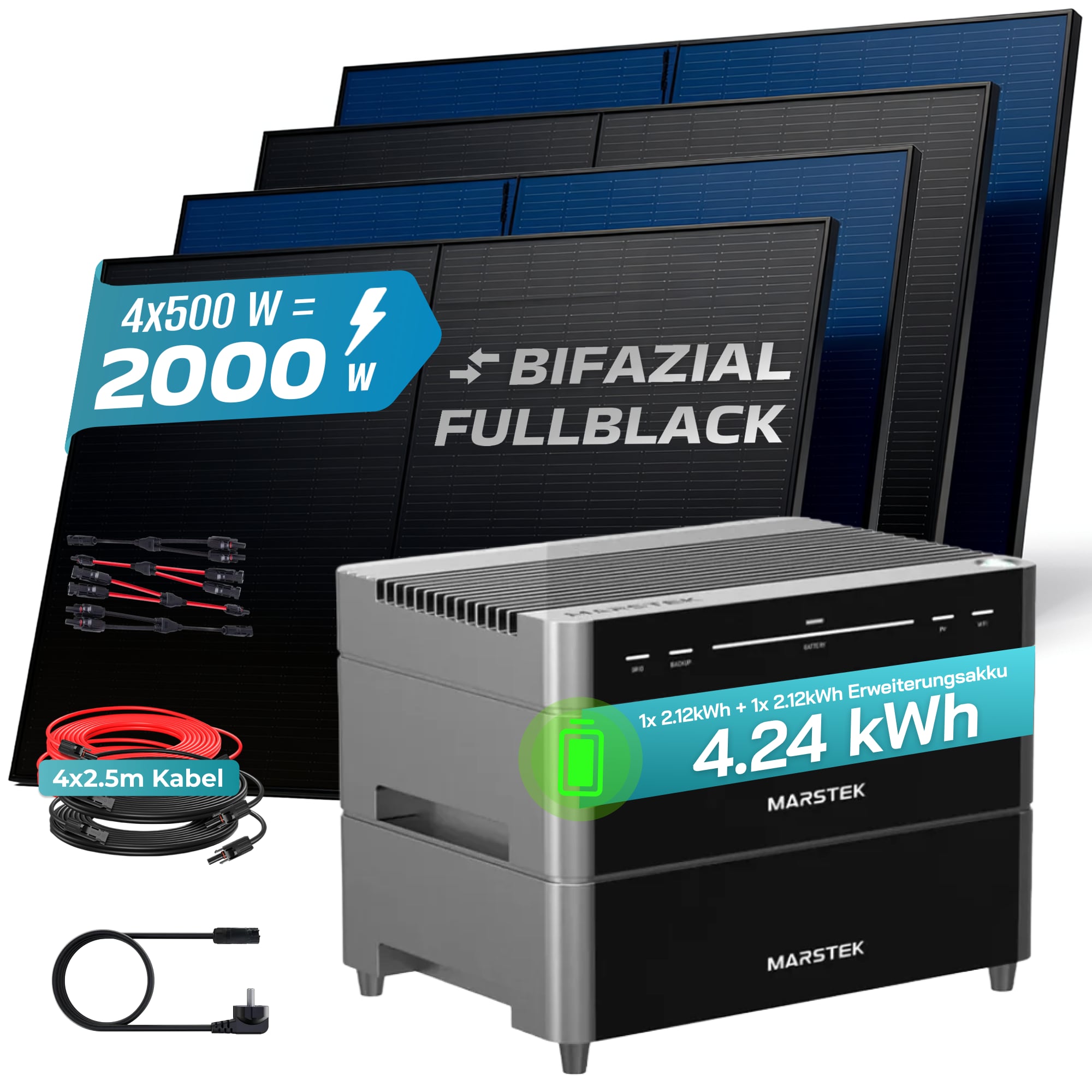 SUNNIVA&reg; 2000W Balkonkraftwerk mit 4,24 kWh Speicher MARSTEK Venus A, BIFAZIAL FULLBLACK komplett Steckdose, PV Solaranlage Komplettset mit Solarspeicher, 4x 500W N-Type Glas Bifacial Module 