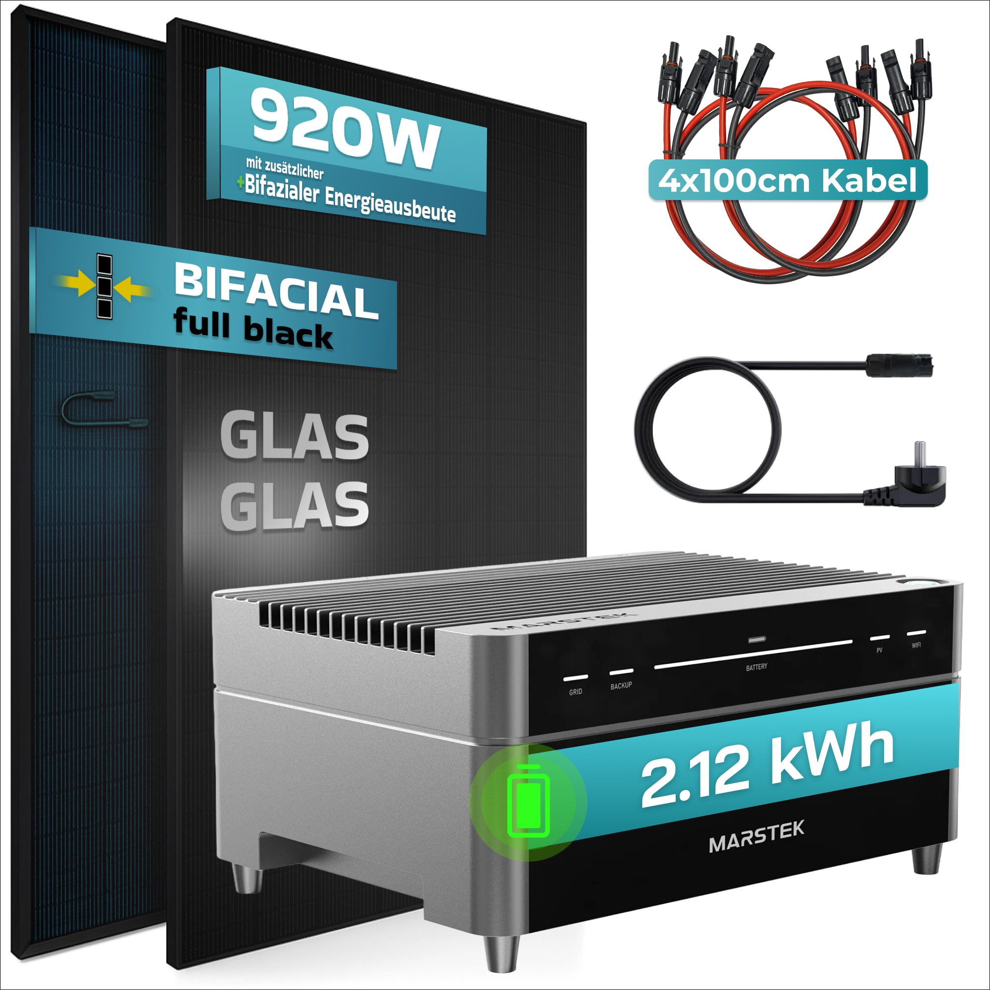 SUNNIVA&reg; 920W Balkonkraftwerk mit 2,12 kWh Speicher Marstek Venus A, BIFAZIAL FULLBLACK komplett Steckdose, PV Solaranlage Komplettset mit Solarspeicher, 2x 460W N-Type Glas-Glas Bifacial Module 