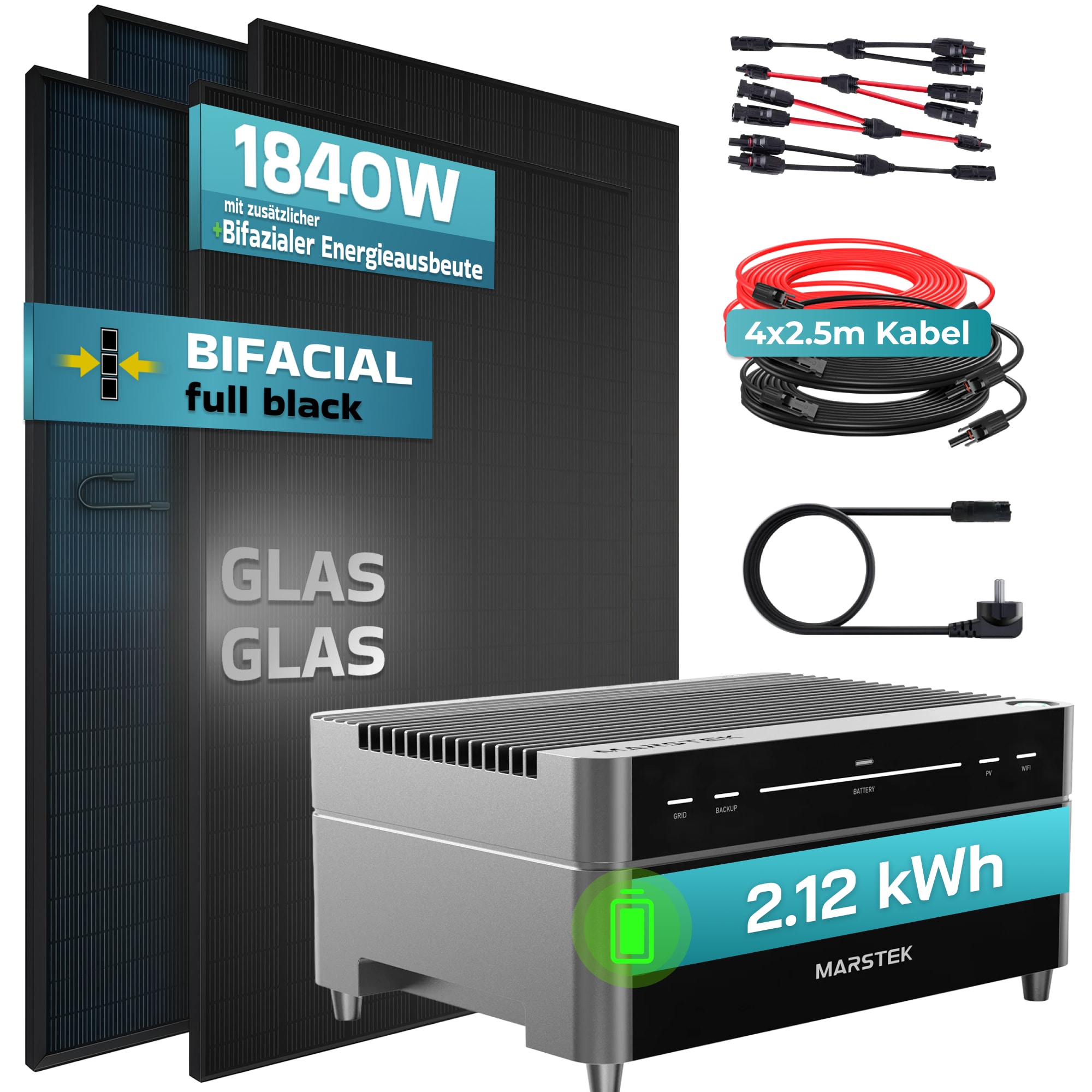 SUNNIVA&reg; 1840W Balkonkraftwerk mit 2,12 kWh Speicher Marstek Venus A, BIFAZIAL FULLBLACK komplett Steckdose, PV Solaranlage Komplettset mit Solarspeicher, 4x 460W N-Type Glas-Glas Bifacial Module 