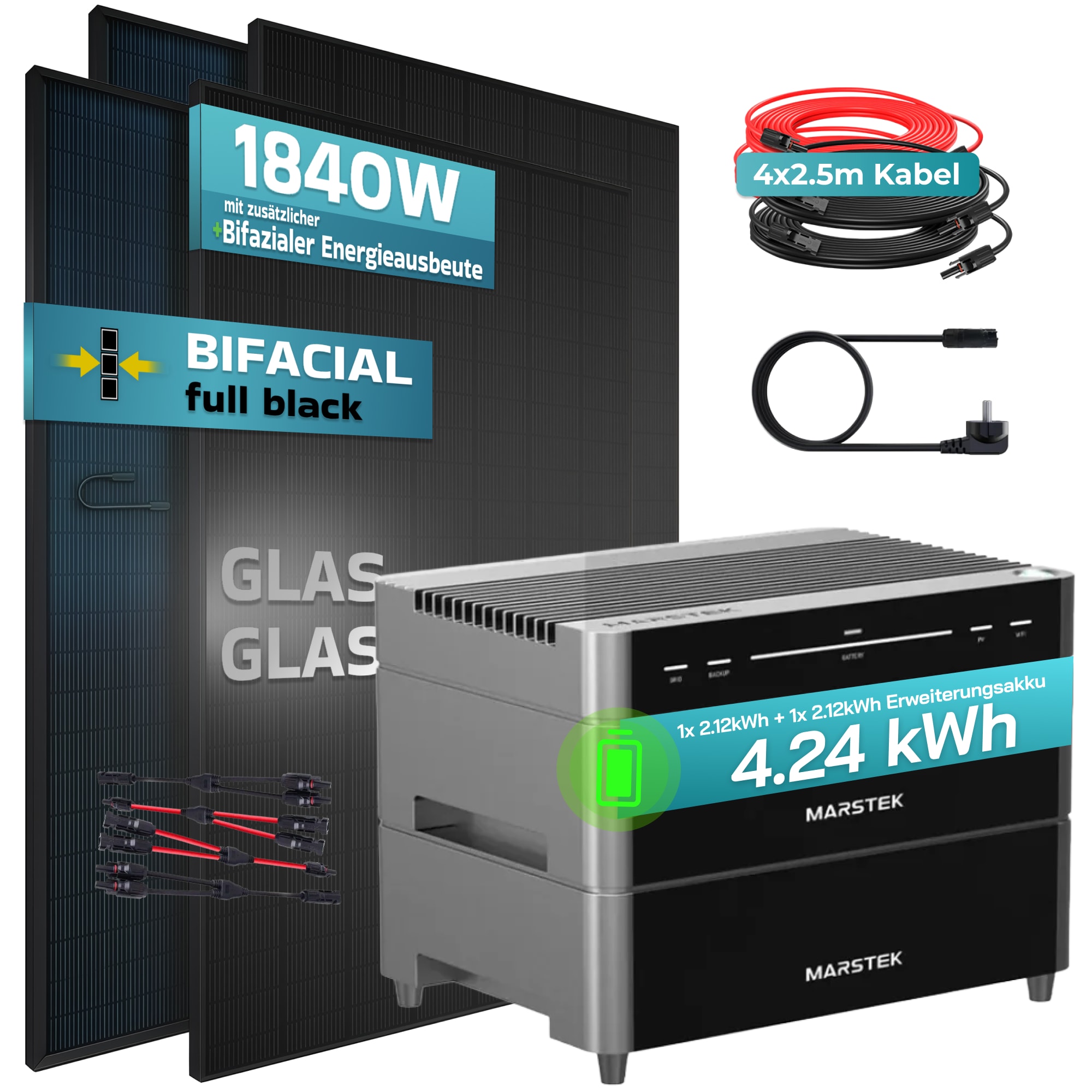 SUNNIVA&reg; 1840W Balkonkraftwerk mit 4,24 kWh Speicher Marstek Venus A, BIFAZIAL FULLBLACK komplett Steckdose, PV Solaranlage Komplettset mit Solarspeicher, 4x 460W N-Type Glas-Glas Bifacial Module 