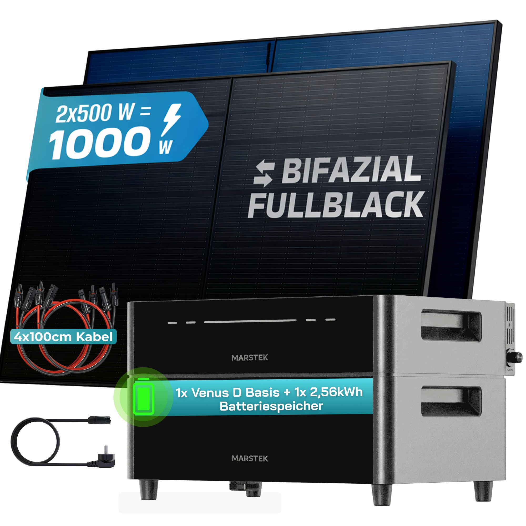 SUNNIVA&reg; 1000W Balkonkraftwerk mit 2,56 kWh Speicher MARSTEK Venus D, BIFAZIAL FULLBLACK komplett Steckdose, PV Solaranlage Komplettset mit Solarspeicher, 2x 500W N-Type Glas Bifacial Module 