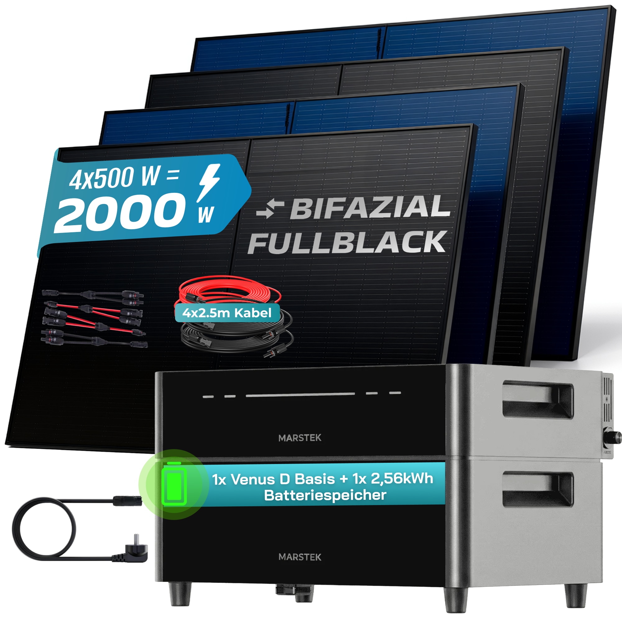 SUNNIVA&reg; 2000W Balkonkraftwerk mit 2,56 kWh Speicher MARSTEK Venus D, BIFAZIAL FULLBLACK komplett Steckdose, PV Solaranlage Komplettset mit Solarspeicher, 4x 500W N-Type Glas Bifacial Module 
