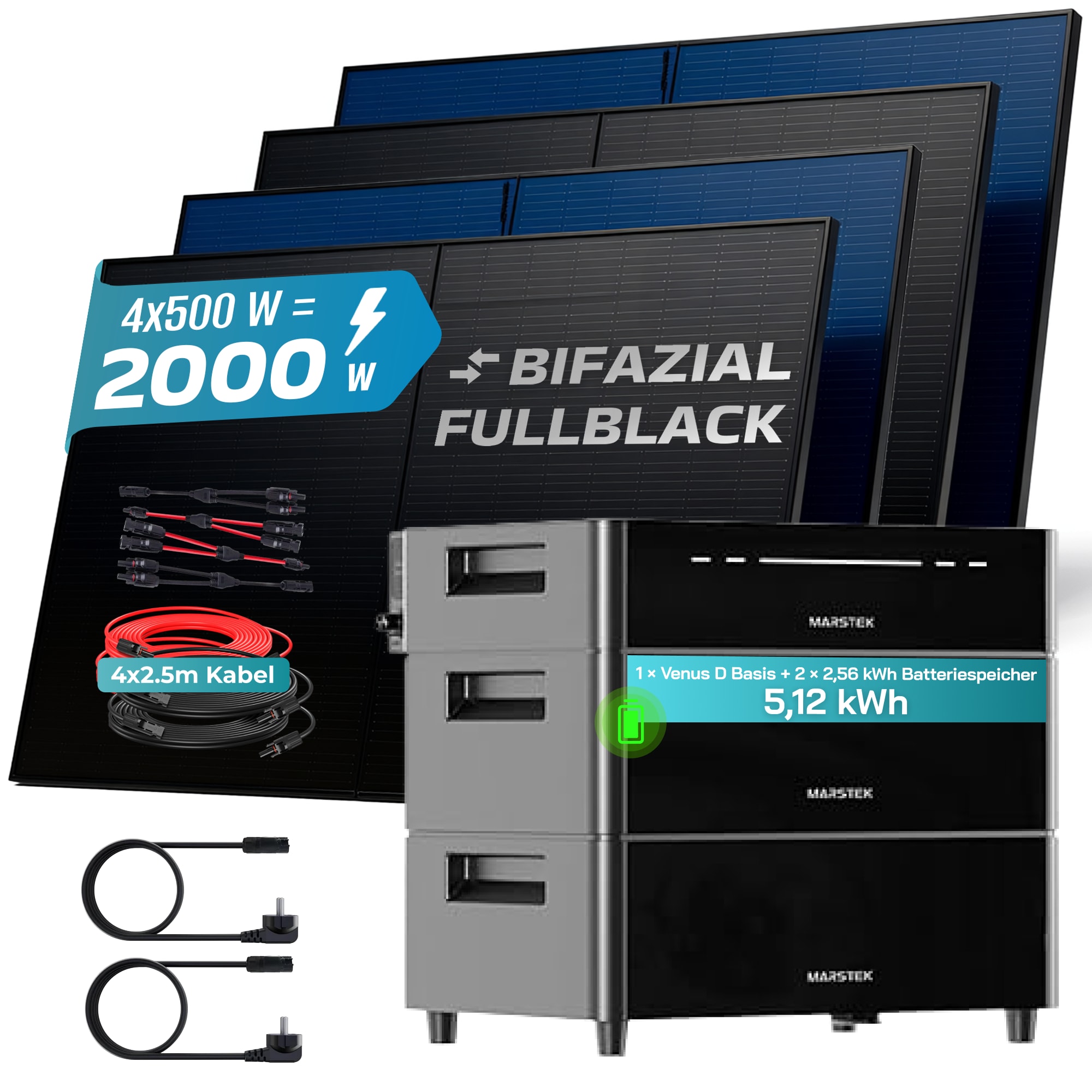 SUNNIVA&reg; 2000W Balkonkraftwerk mit 5,12 kWh Speicher MARSTEK Venus D, BIFAZIAL FULLBLACK komplett Steckdose, PV Solaranlage Komplettset mit Solarspeicher, 4x 500W N-Type Glas Bifacial Module 