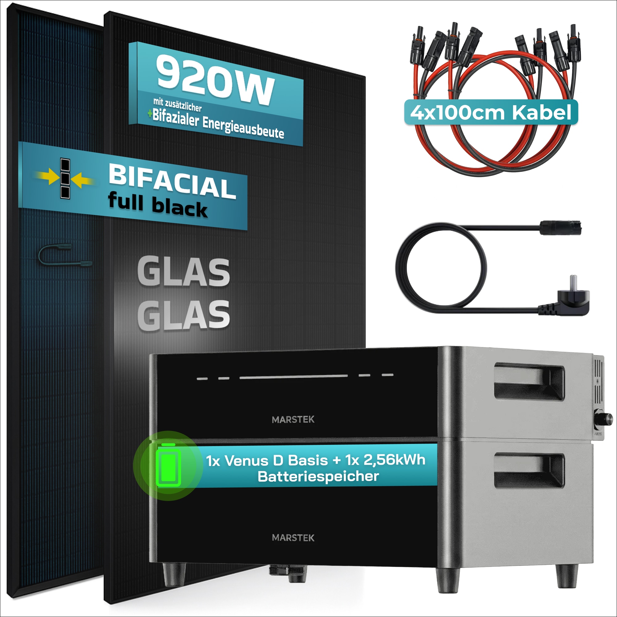 SUNNIVA&reg; 920W Balkonkraftwerk mit 2,56 kWh Speicher Marstek Venus D, BIFAZIAL FULLBLACK komplett Steckdose, PV Solaranlage Komplettset mit Solarspeicher, 2x 460W N-Type Glas-Glas Bifacial Module 