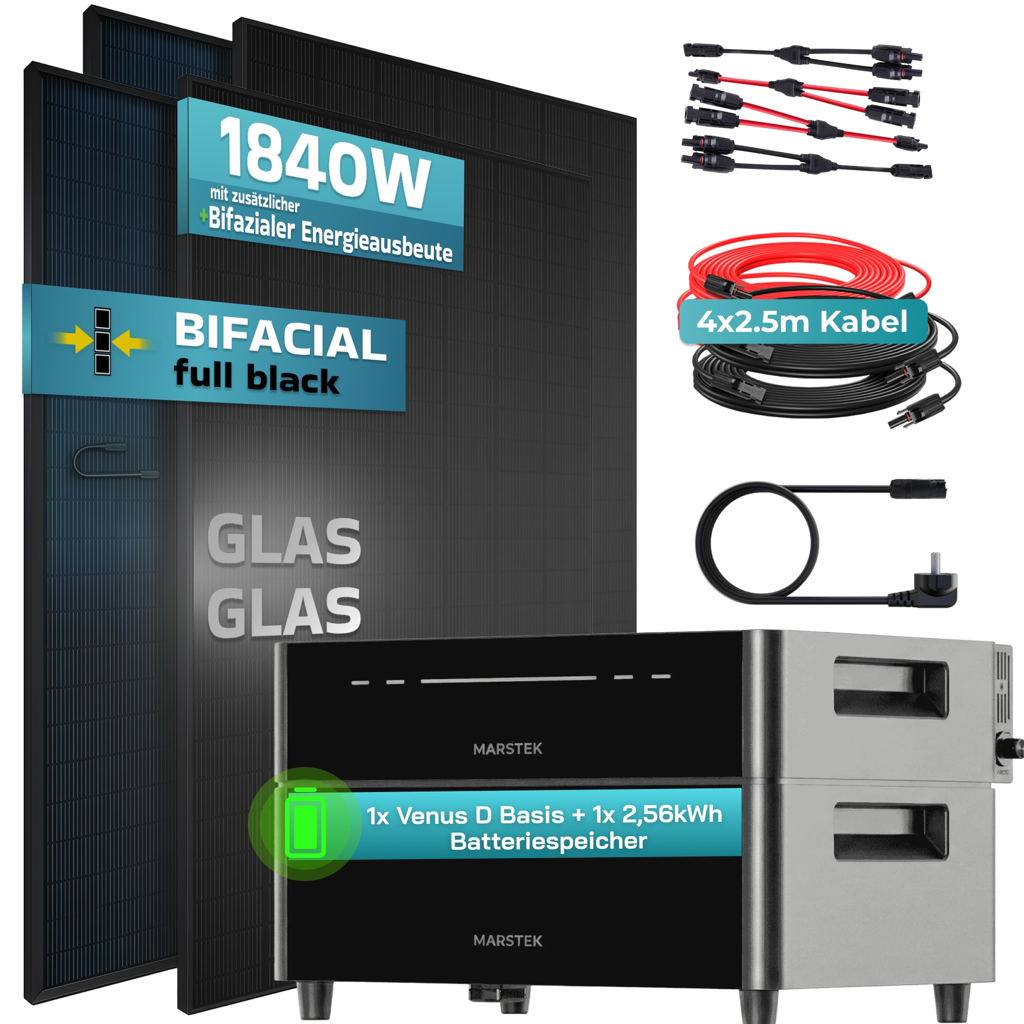 SUNNIVA&reg; 1840W Balkonkraftwerk mit 2,56 kWh Speicher Marstek Venus D, BIFAZIAL FULLBLACK komplett Steckdose, PV Solaranlage Komplettset mit Solarspeicher, 4x 460W N-Type Glas-Glas Bifacial Module 