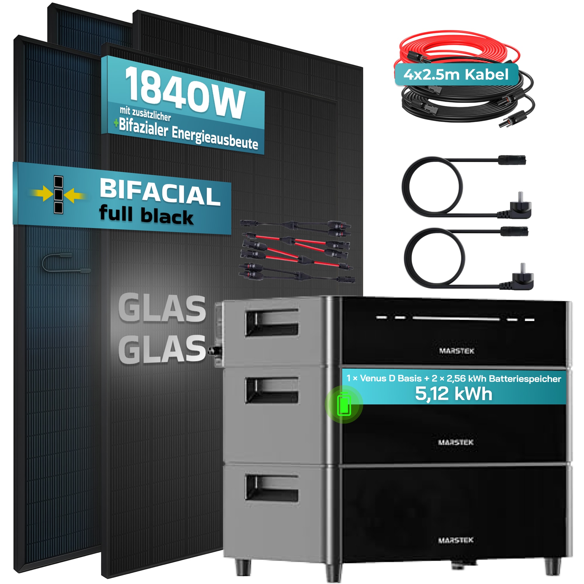 SUNNIVA&reg; 1840W Balkonkraftwerk mit 5,12 kWh Speicher Marstek Venus D, BIFAZIAL FULLBLACK komplett Steckdose, PV Solaranlage Komplettset mit Solarspeicher, 4x 460W N-Type Glas-Glas Bifacial Module 