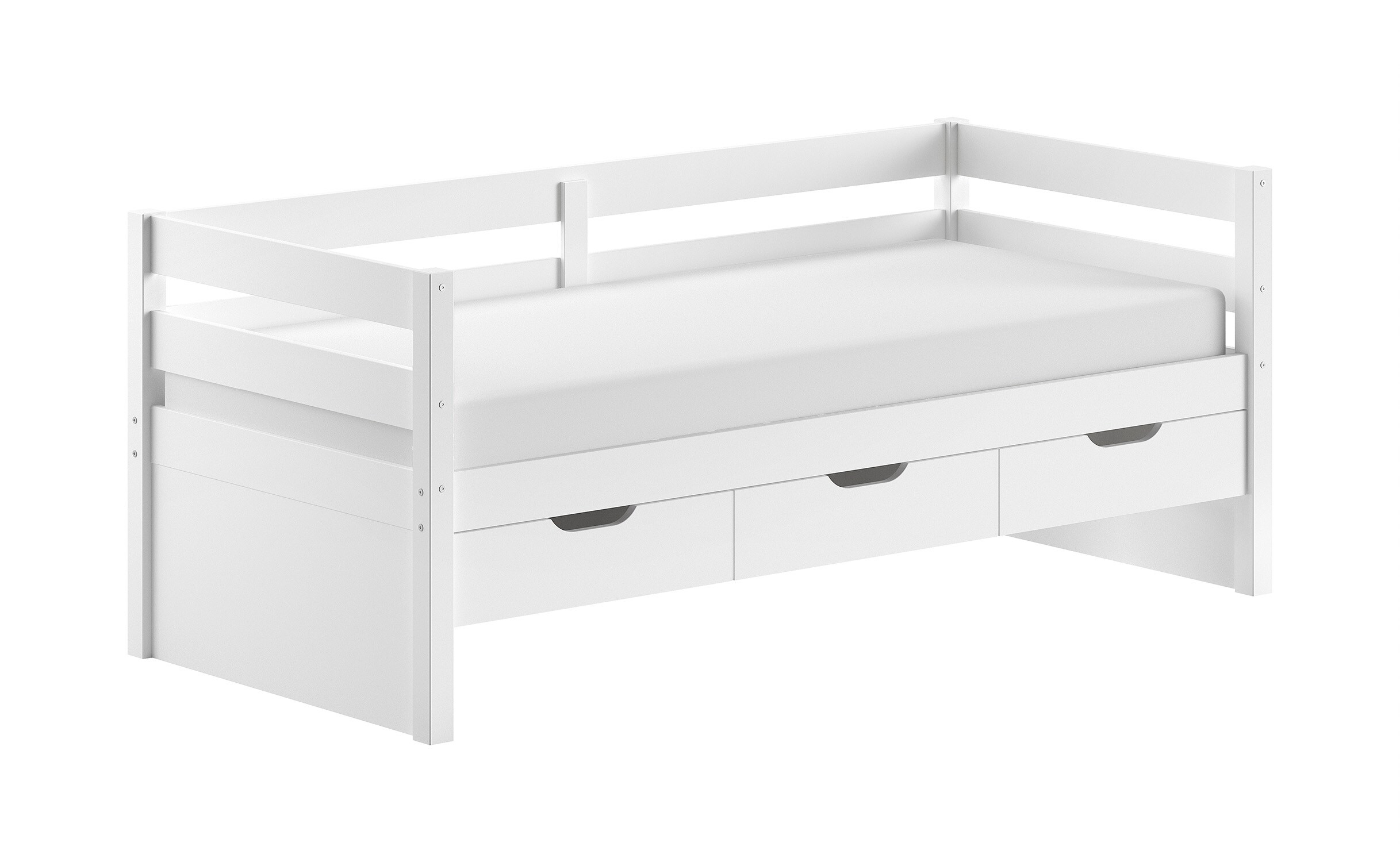 Funktions-Kojen Bett mit Umrandung, 3 Schubladen u. Rolllattenrost, Liegefl&auml;che 90 x 200, Ausf. Wei&szlig; lackiert 