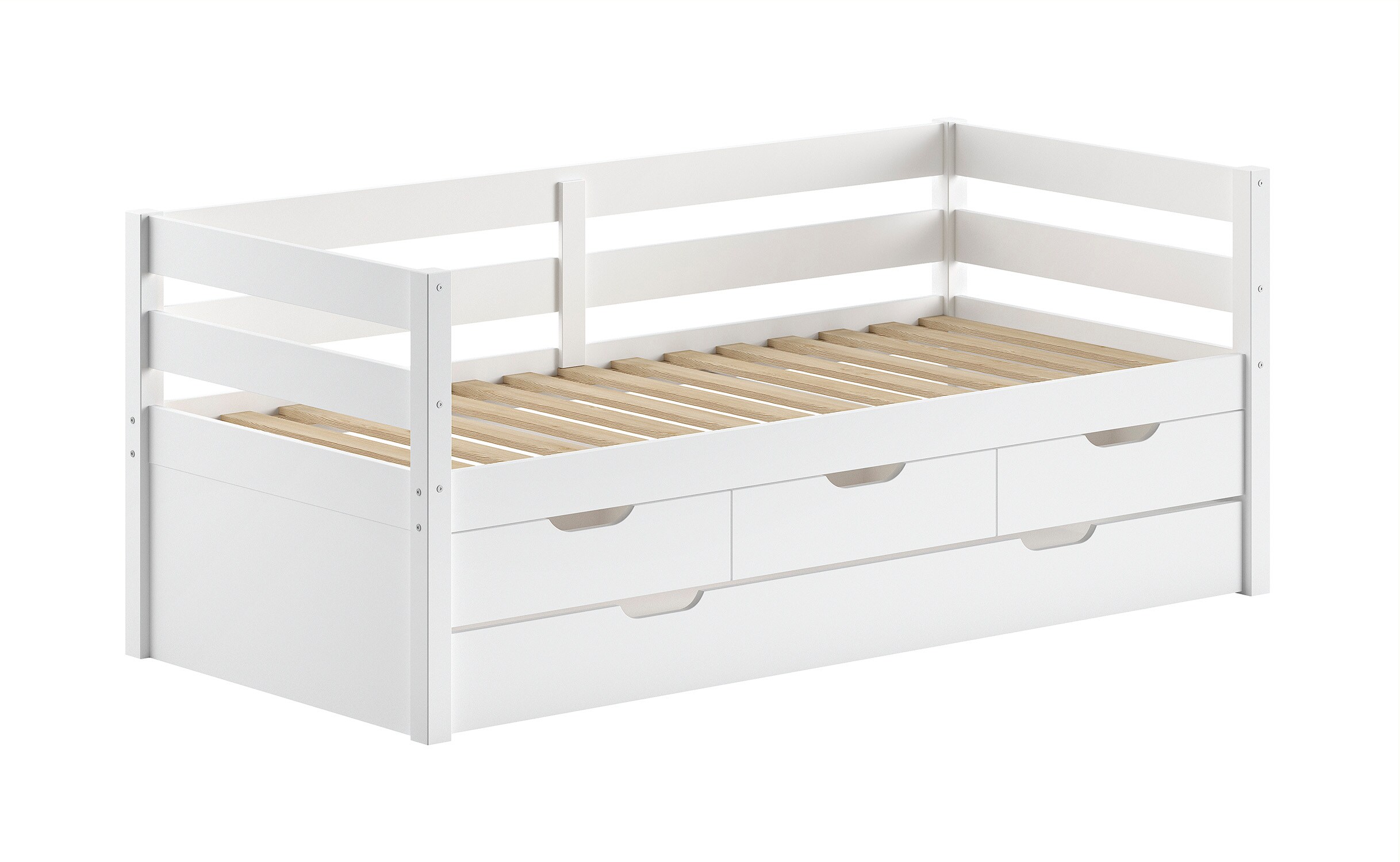 Funktions-Kojen Bett mit Umrandung, 3 Schubladen, Rolllattenrost, Liegefl&auml;che 90 x 200, inkl. Bettschublade, Ausf. Wei&szlig; lackiert 