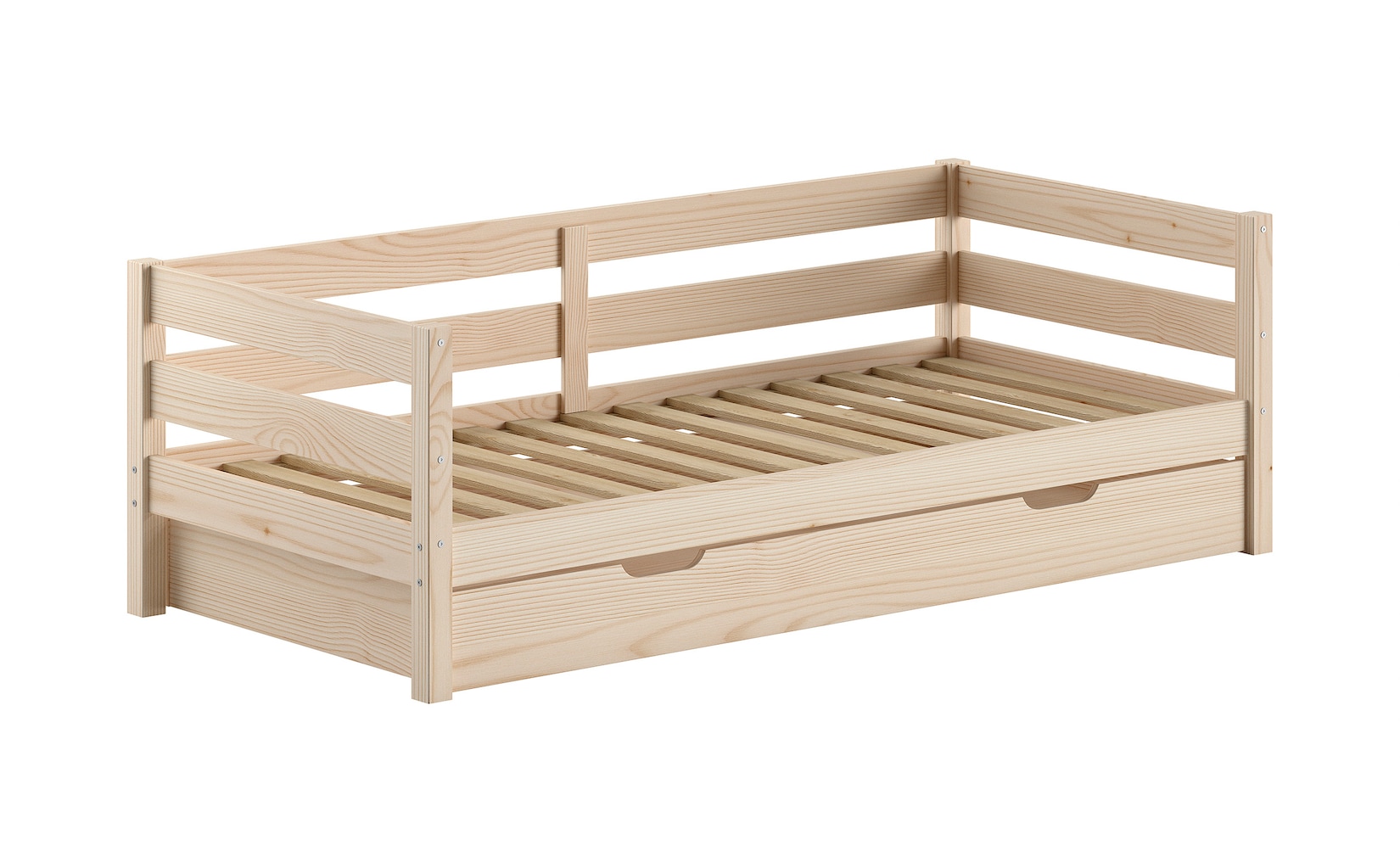 Funktions-Kojen Bett mit Umrandung, Rolllattenrost, Liegefläche 90 x 200 und Bettschublade, Ausf. Milky White lackiert