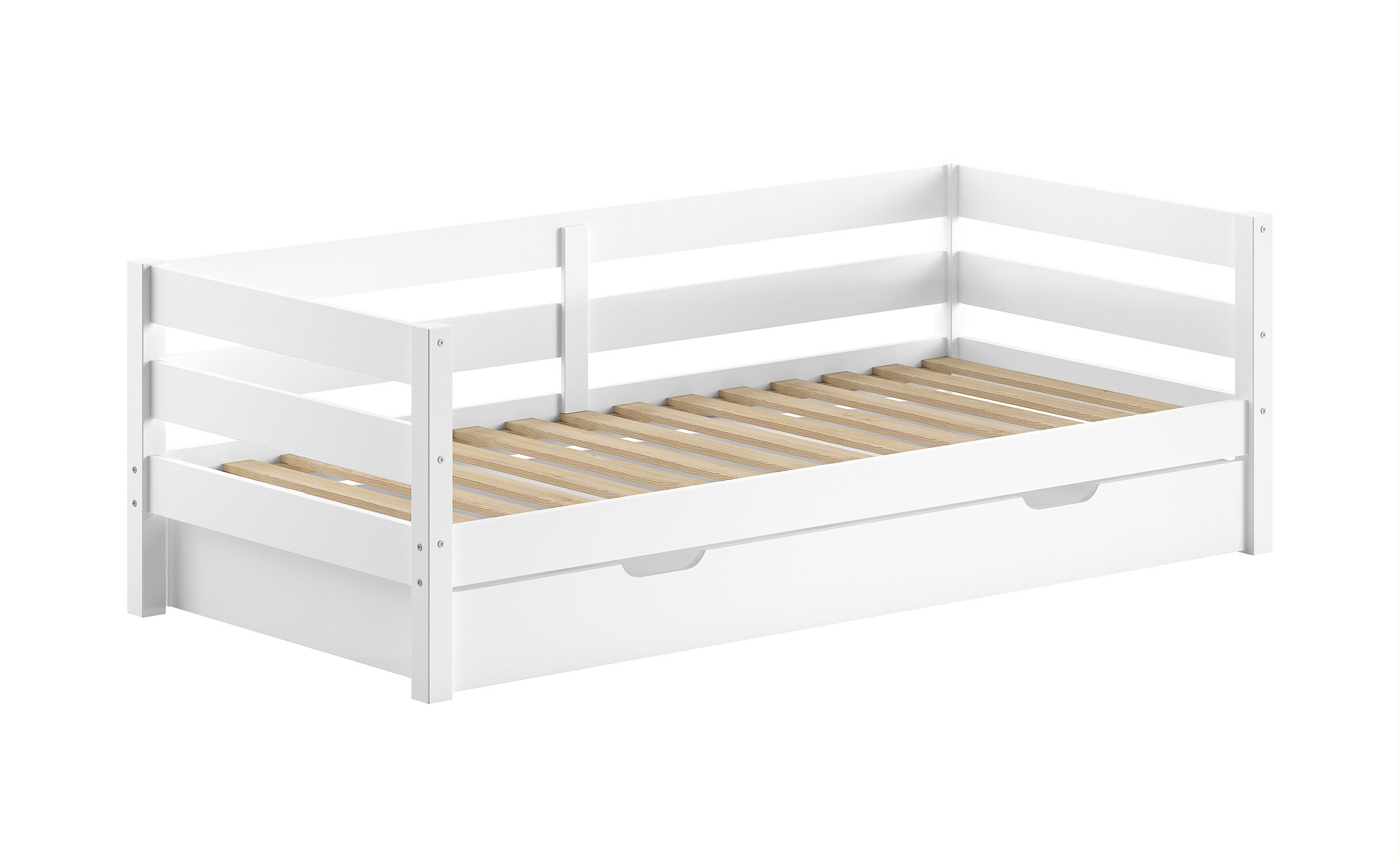 Funktions-Kojen Bett mit Umrandung, Rolllattenrost und Bettschublade, Liegefl&auml;che 90 x 200, Ausf. Wei&szlig; lackiert 