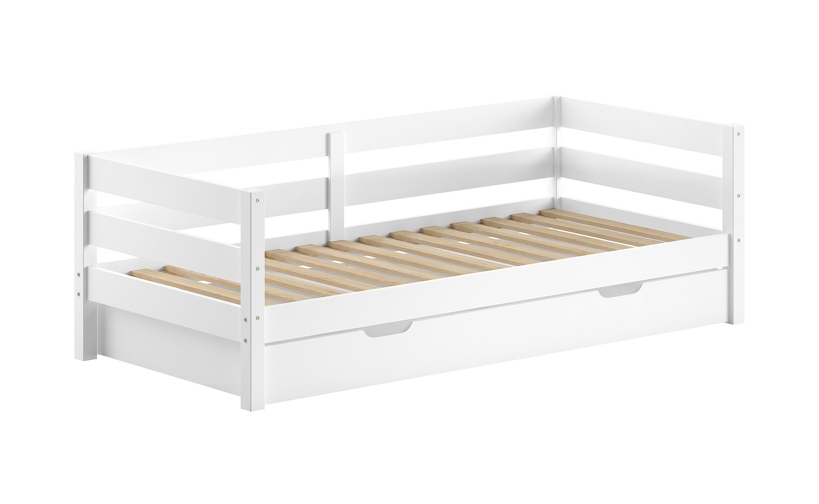 Funktions-Kojen Bett mit Umrandung, Rolllattenrost und Bettschublade, Liegefläche 90 x 200, Ausf. Weiß lackiert