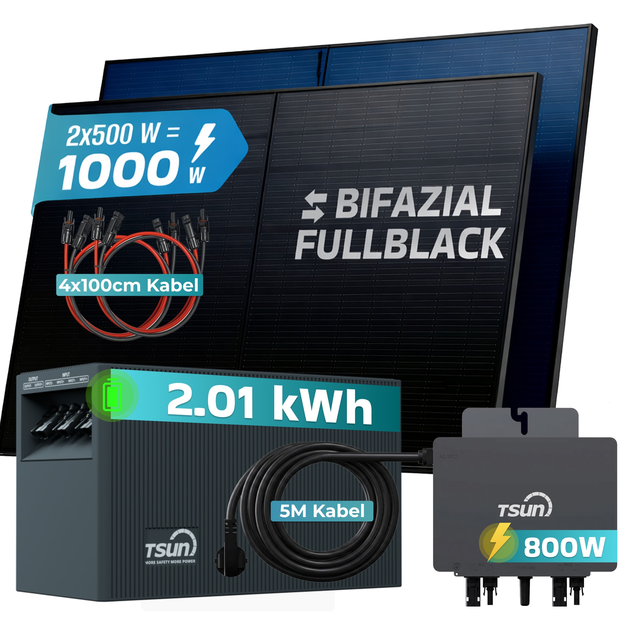 SUNNIVA&reg; 1000W Balkonkraftwerk mit 2,01 kWh Speicher TSUN SOLARCAN  TSOL-DCU2000Lite, BIFAZIAL FULLBLACK komplett Steckdose, PV Solaranlage Komplettset mit Solarspeicher, 2x 500W Glas-Bifacial 