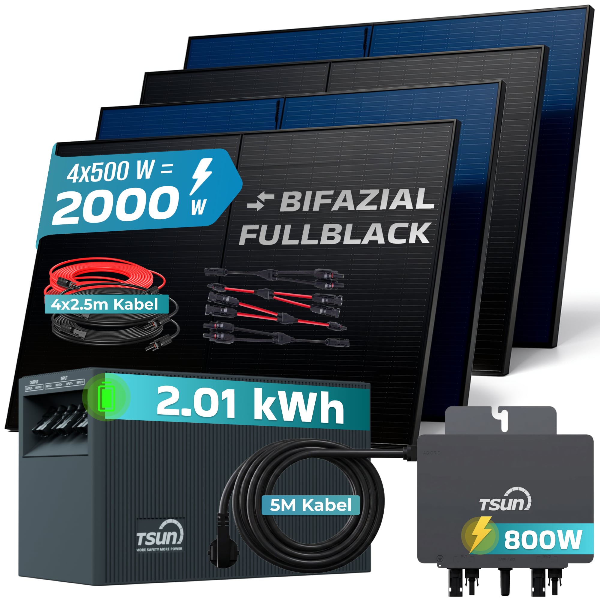 SUNNIVA&reg; 2000W Balkonkraftwerk mit 2,01 kWh Speicher TSUN SOLARCAN  TSOL-DCU2000Lite, BIFAZIAL FULLBLACK komplett Steckdose, PV Solaranlage Komplettset mit Solarspeicher, 4x 500W Glas-Bifacial 