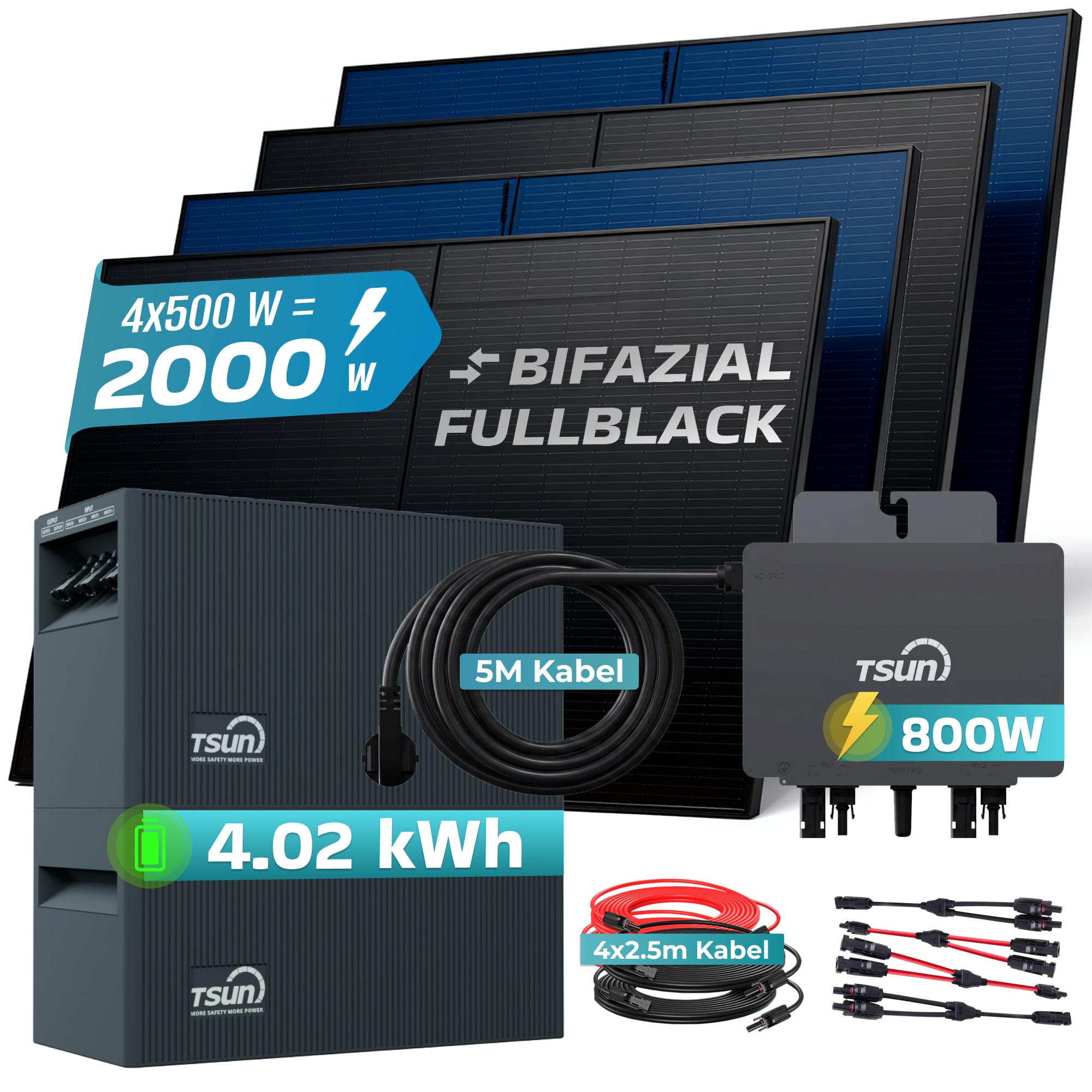 SUNNIVA&reg; 2000W Balkonkraftwerk mit 4,02 kWh Speicher TSUN SOLARCAN  TSOL-DCU2000Lite, BIFAZIAL FULLBLACK komplett Steckdose, PV Solaranlage Komplettset mit Solarspeicher, 4x 500W Glas-Bifacial 