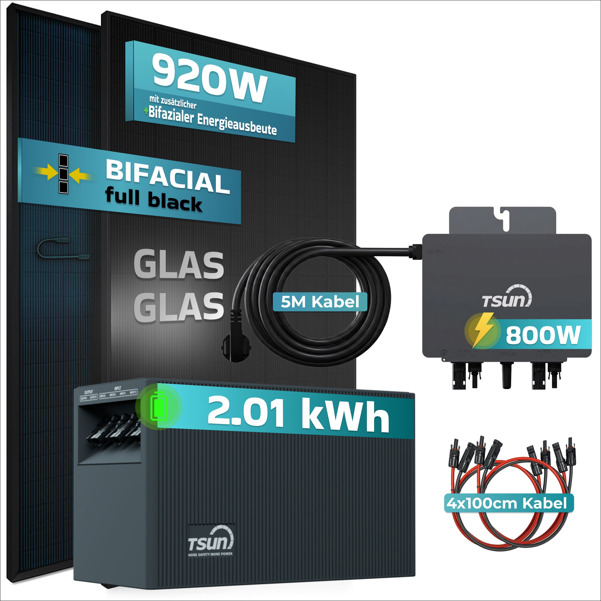 SUNNIVA&reg; 920W Balkonkraftwerk mit 2,01 kWh Speicher TSUN SOLARCAN TSOL-DCU2000Lite, BIFAZIAL FULLBLACK komplett Steckdose, PV Solaranlage Komplettset mit Solarspeicher, 2x 460W Glas-Glas Bifacial 