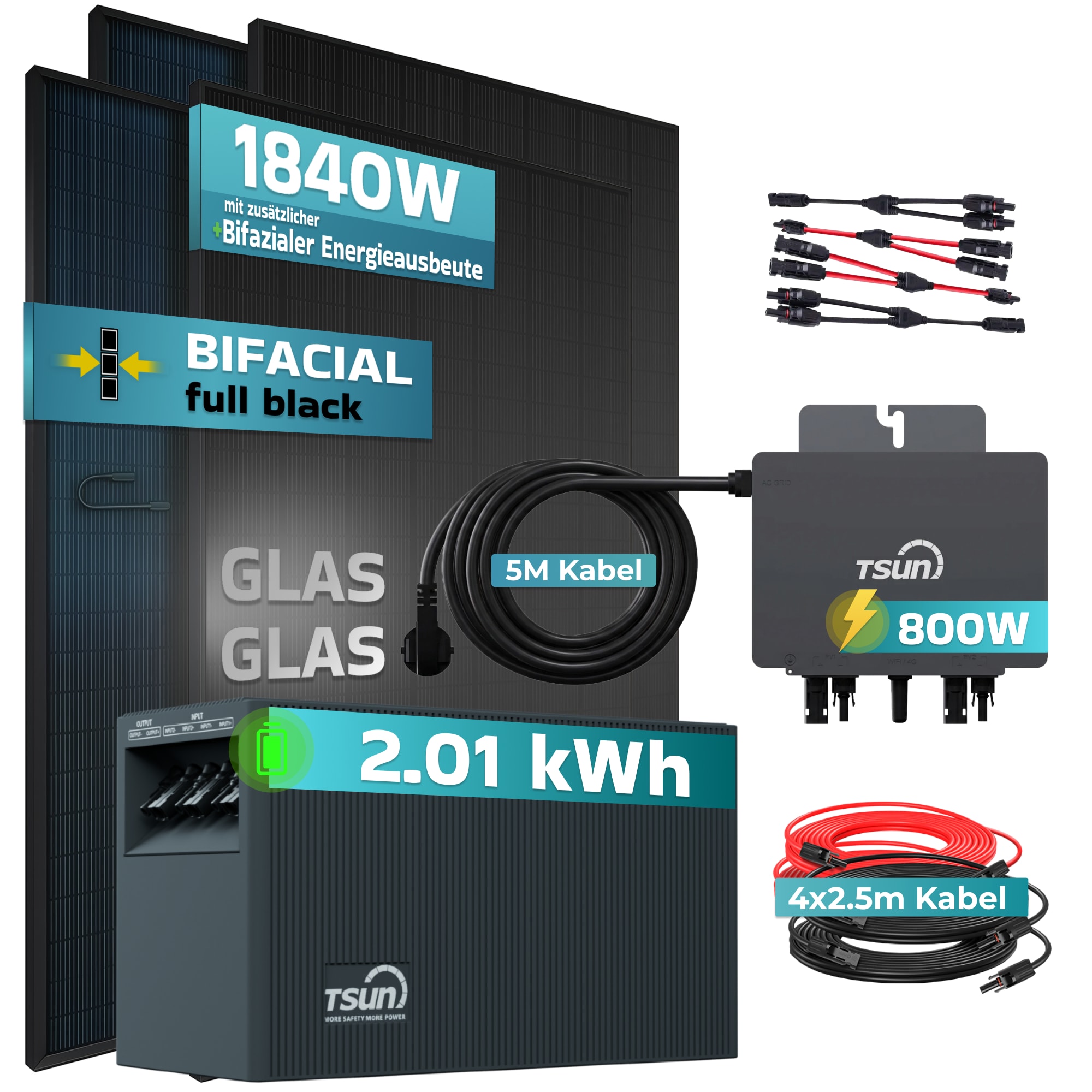 SUNNIVA&reg; 1840W Balkonkraftwerk mit 2,01 kWh Speicher TSUN SOLARCAN TSOL-DCU2000Lite, BIFAZIAL FULLBLACK komplett Steckdose, PV Solaranlage Komplettset mit Solarspeicher, 4x 460W Glas-Glas Bifacial 